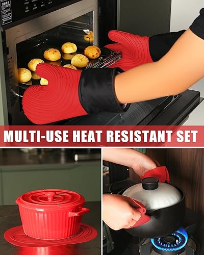 Miniatura 9 de 5 guantes de horno y soportes para ollas, guantes de horno de silicona resistentes al calor de 500 F, impermeables, antideslizantes, fáciles de