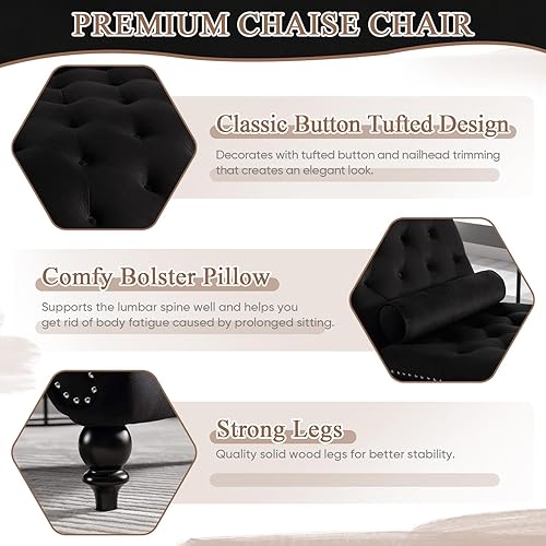 Miniatura 5 de Tumbona para interiores, moderna silla decorativa de terciopelo con botones copetudos con patas de madera maciza y almohada lumbar, sofá reclinable