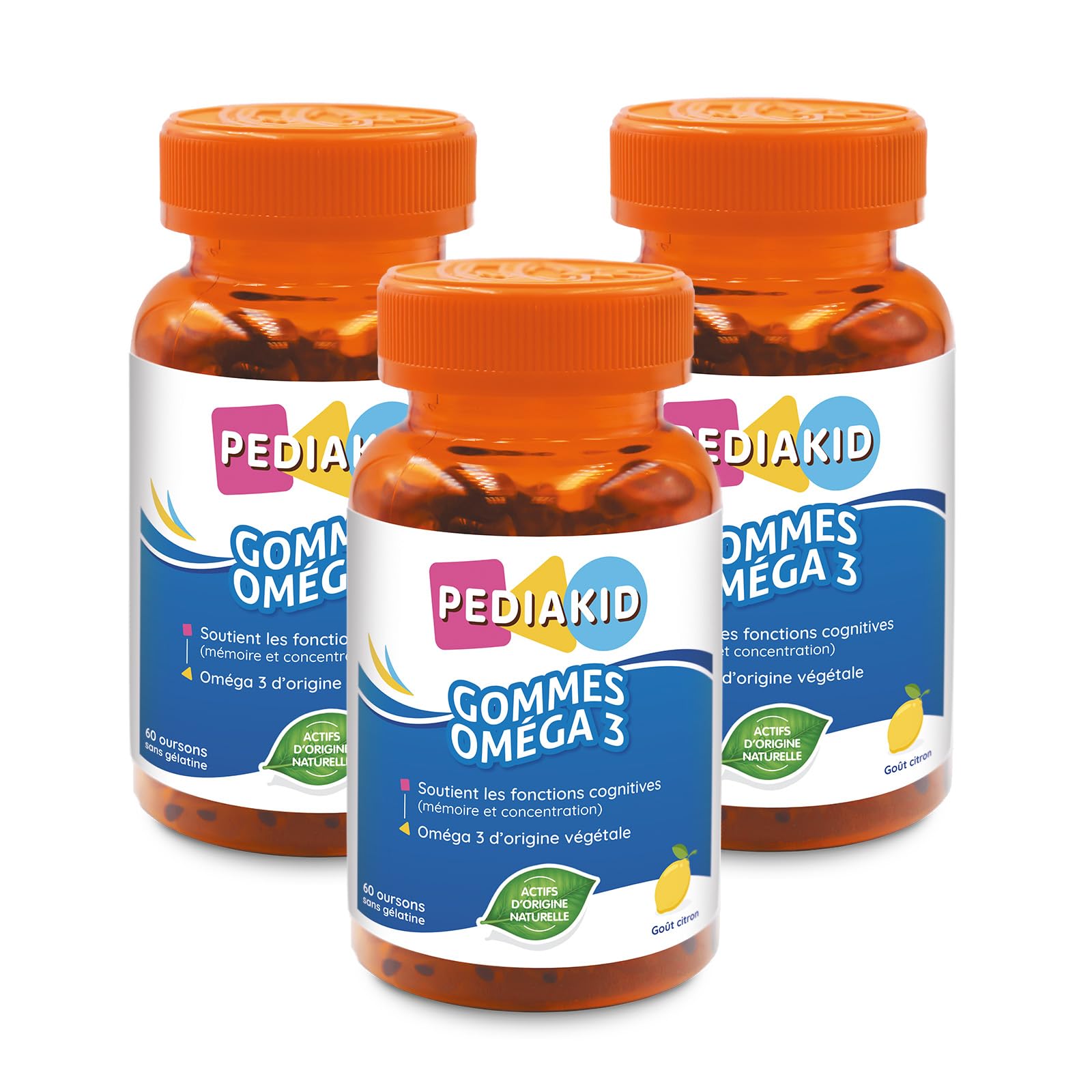 PEDIAKID - Gommes Oméga 3 - Formule Naturelle au Délicieux Arôme de Citron - Soutient les Fonctions Cognitives - Favorise la Croissance et le Développement Cérébral - Lot de 3 piluliers