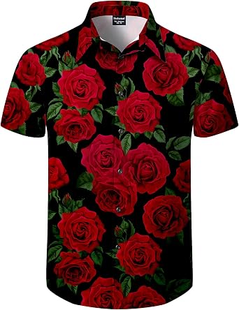 Mens Valentines Day Shirt Heart Print Button Down Collared Short Sleeve Hawaiian Shirt, S-4XL