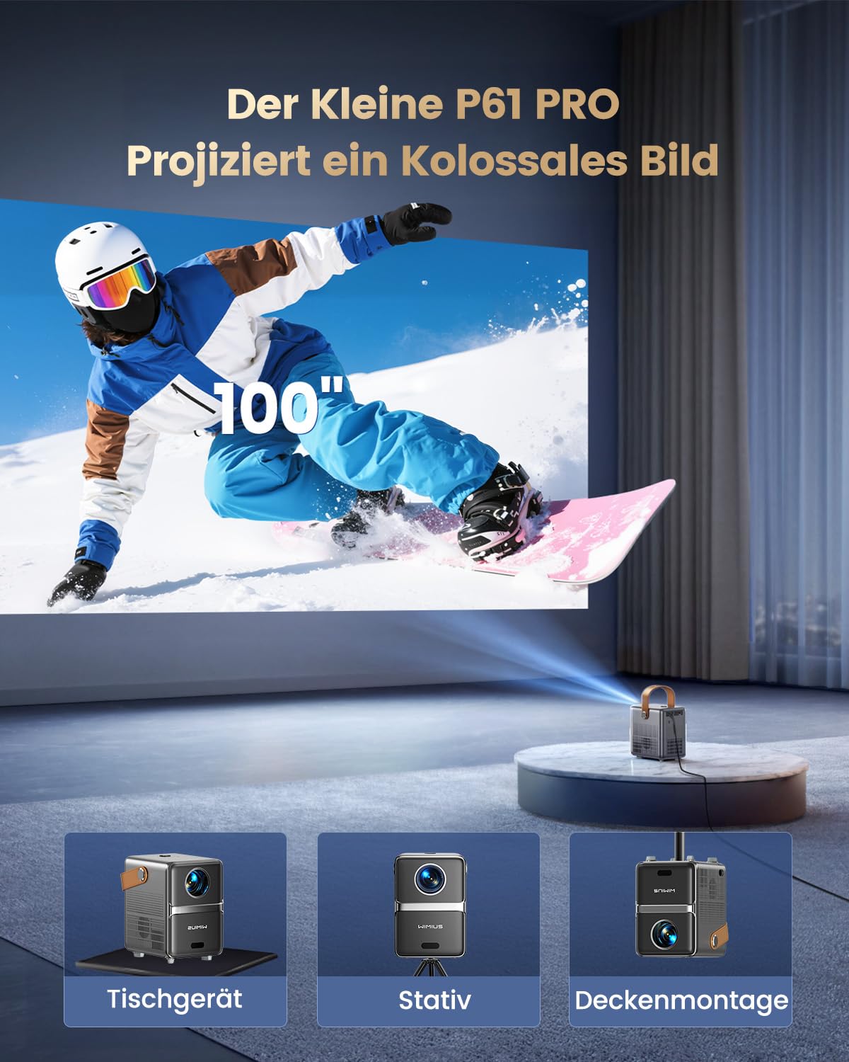 Mini Beamer 4K Smart Beamer Klein with WiFi6 2-Wege Bluetooth Full HD 1080P Elektrischer Fokus Auto Vertikale Trapezkorrektur Kurzdistanz Projektor