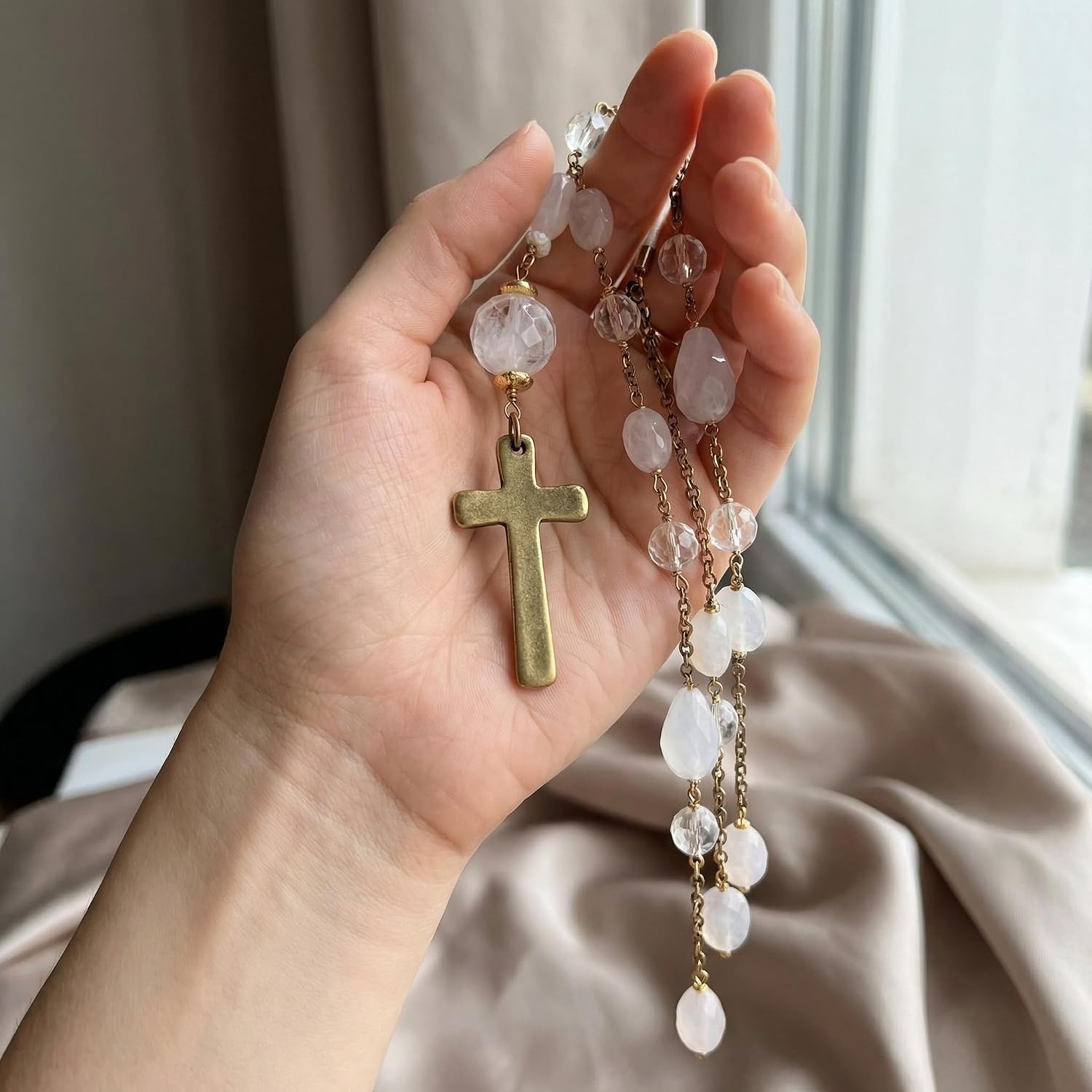 Clear Crystal Rearview Mirror Hanging Accessories - Cross Shaped Beaded Car Mirror Charm - Sun Catcher Interior Decor - White Stone Pendant Ornament for Vehicle image 4