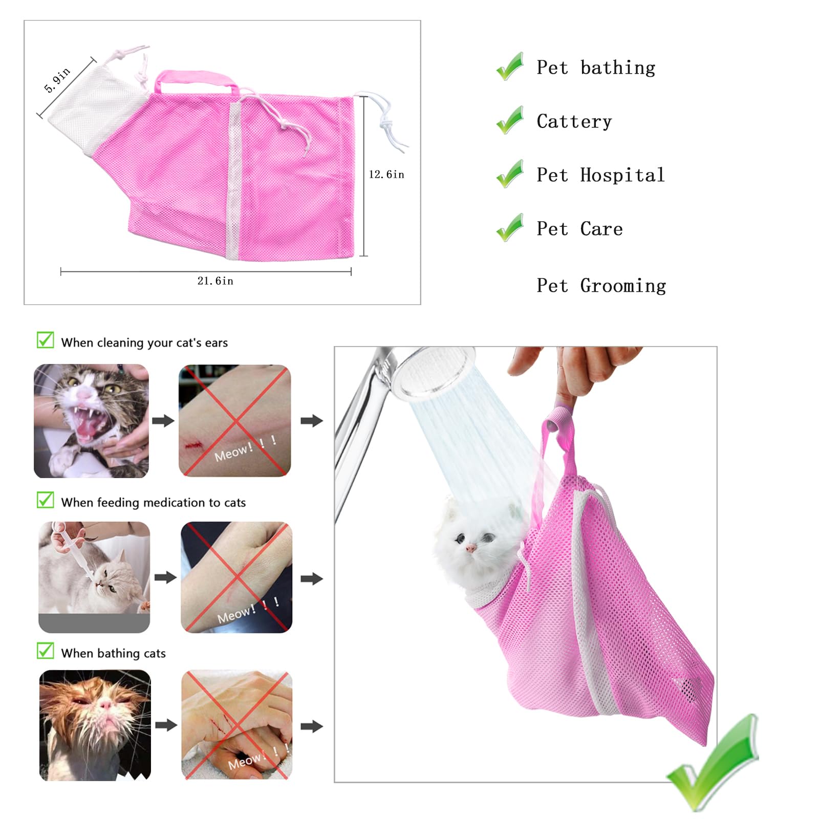 Kratzfeste Silikon-Katzenschuhe, Katzenklauen-Abdeckungen, verstellbar, multifunktional, bissfest, Duschnetztasche, Katzenpflege, Netztasche, medizinische Schuhe, Katzenbadetasche (Rosa)