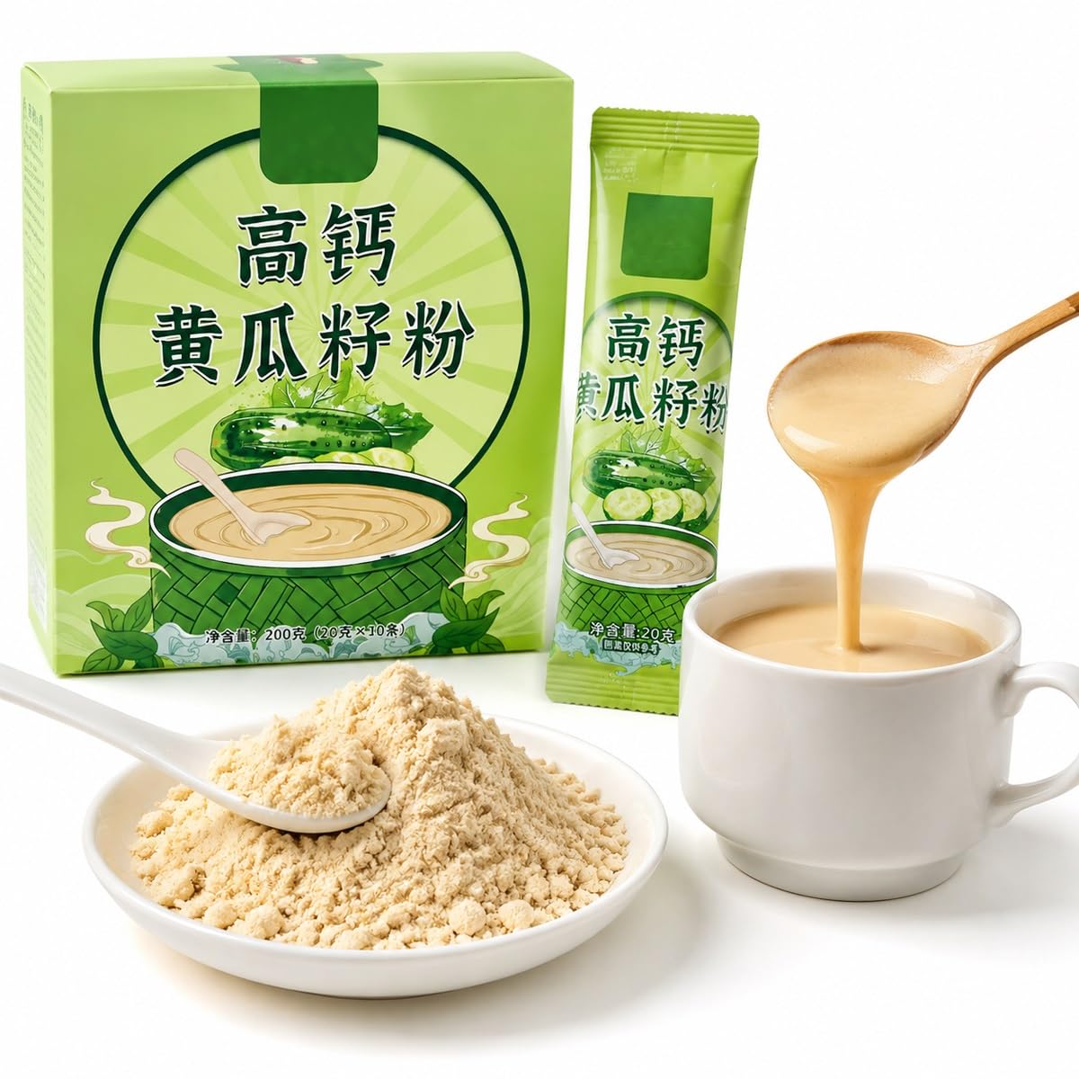 Polvere Pura Di Semi Cetriolo, 200g (10 Bustine Singole Da 20g), Macinazione Fine, Senza Additivi, Facile Mescolare Con Acqua Calda, Per Casa, Ufficio, Fitness E Regalo Per La Famiglia(3pcs)