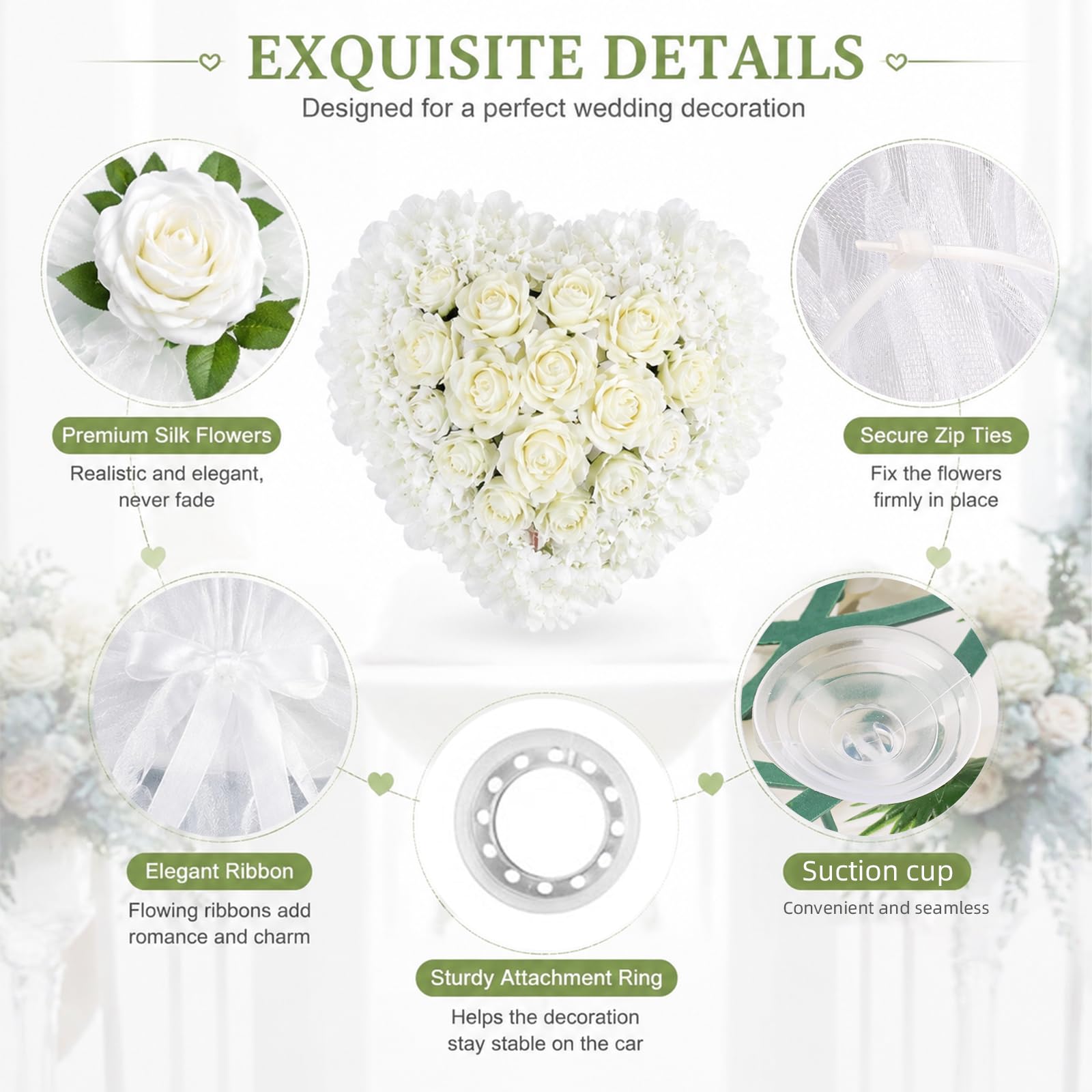 Herz Autoschmuck Hochzeit Set, Organza Girlanden & Rosen-Schleifen | 35cm Herzblumen-Deko, 8 Rosen-Schleifen, 2x180cm Organza-Bänder, starke Saugnäpfe, lackschonend, wiederverwendbar Brautauto