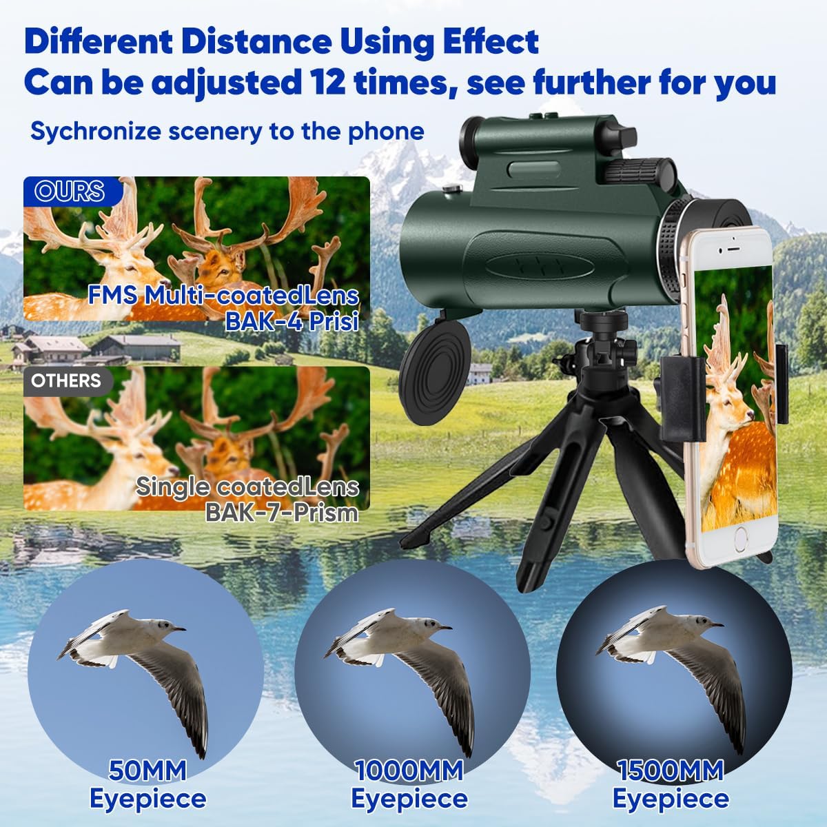 Monocular Telescope with Lights HD Monoculars 80x100 for Adults High Powered Monocular for Hunting with Smartphone Holder & Tripod, Handheld Telescope Suitable for Bird Watching Stargazing-Green - Image 6