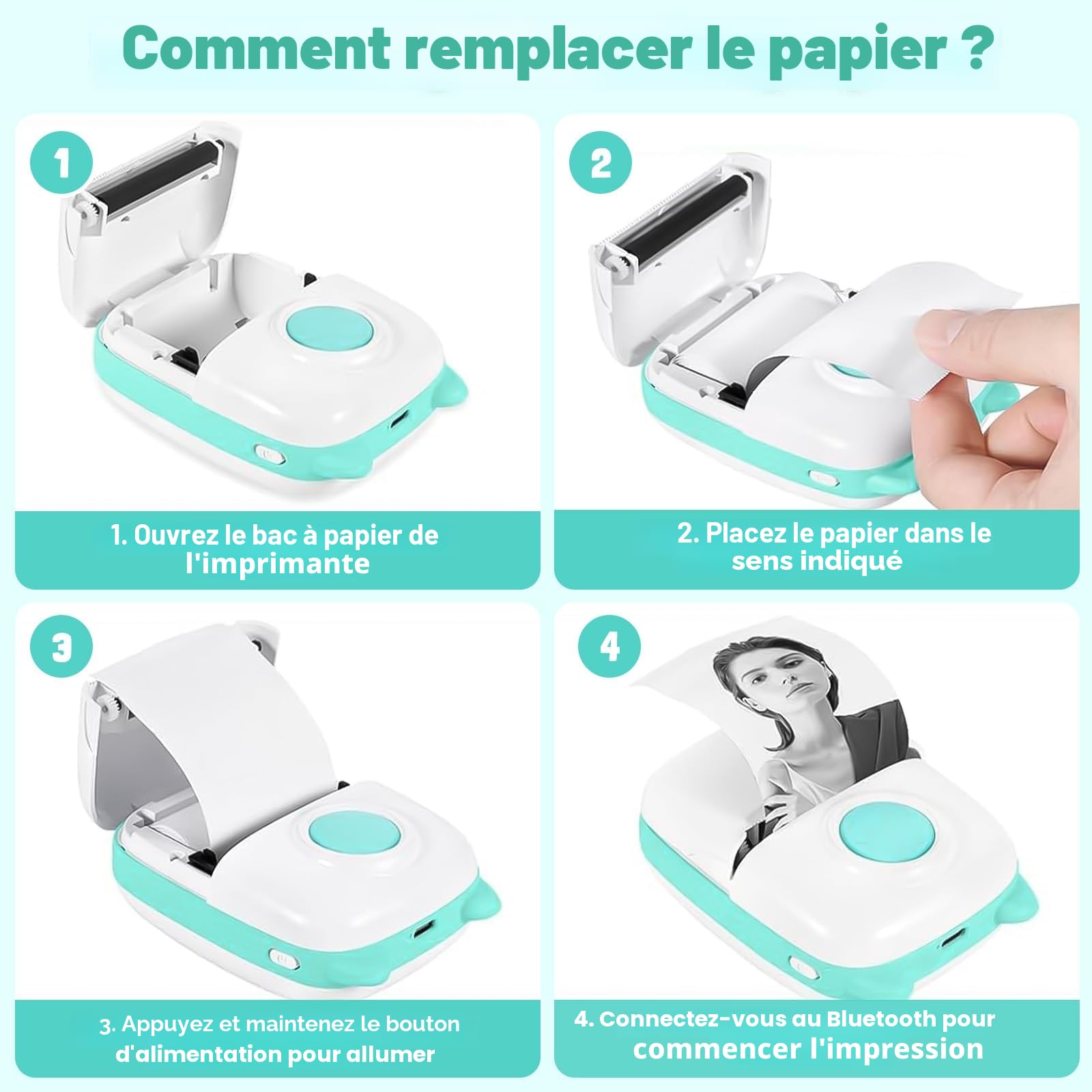 Mini Imprimante Portable Thermique sans FI Bluetooth, sans Encre pour iOS & Android - Notes, Journal, Photos, D'étiquettes (Bleu)