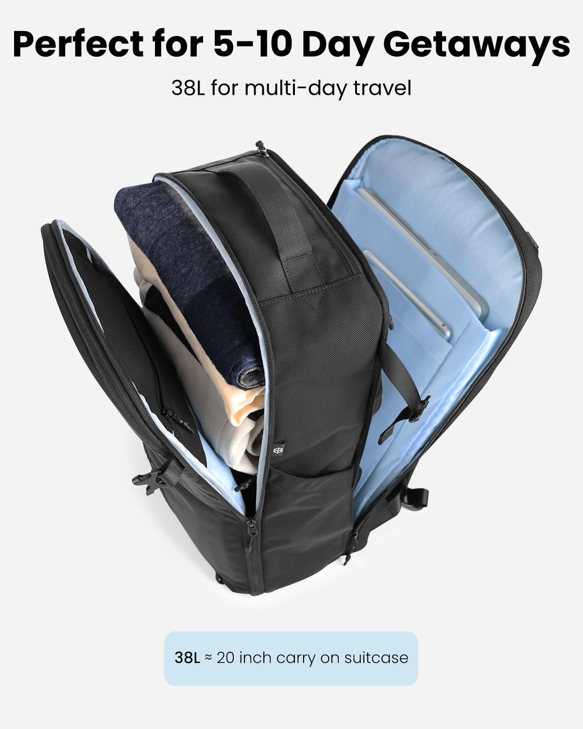 Portal Travel Backpack for Men & Women, 28L/38L Expandable Carry on Backpack, TSA Friendly Flight Approved Weekender Bag with 7-Zone Tech Organizer, Water Resistant Business backpack (38L)