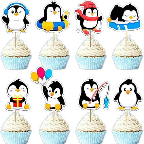 32 decoraciones de pingüino para cupcakes de invierno, decoraciones de fiesta de cumpleaños para niñas y niños, decoraciones de pasteles lindos