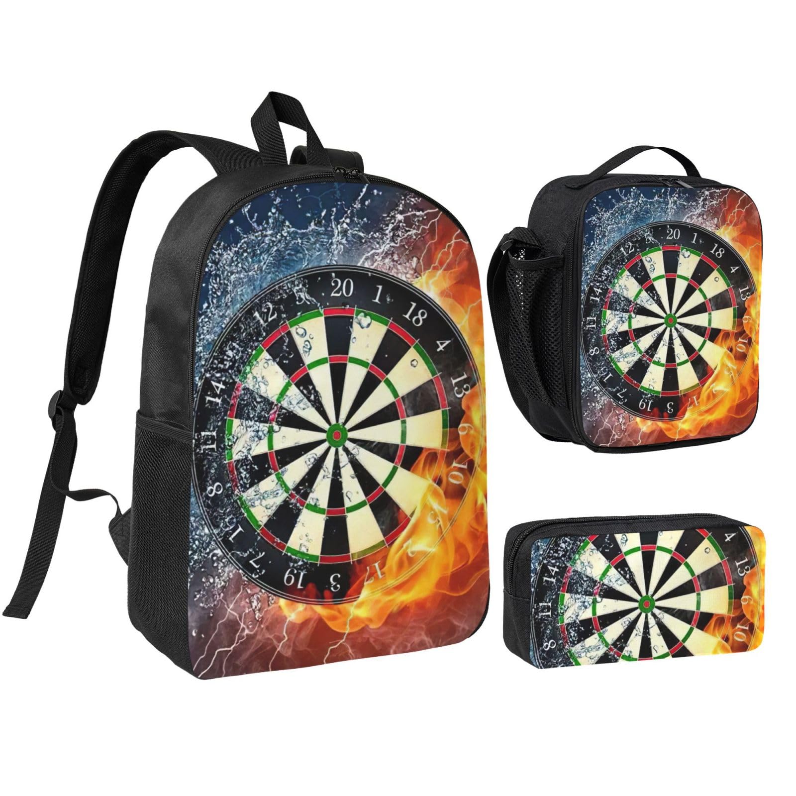 Jejea Unisex Black Dart Board Print Backpack With Lunch Box Pecnil Case Set 3 In 1,Bookbags Lunchbag Pencil Bag 17Inch For Travel
