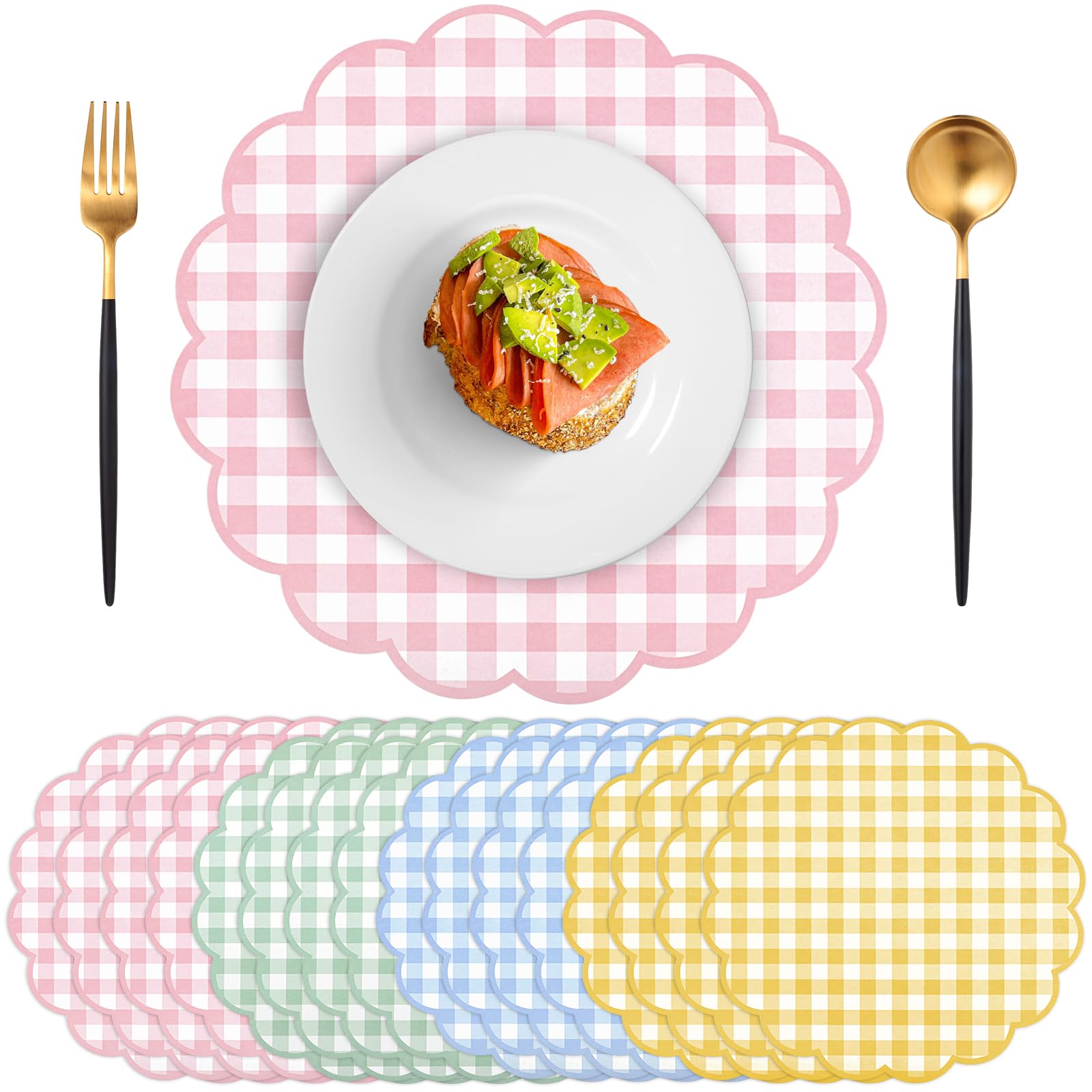 60 manteles individuales de papel a cuadros festoneados de 13.5 pulgadas, desechables, papel decorativo para mesa de barbacoa, baby shower, boda, banquete de novia, fiesta de té, 4 colores