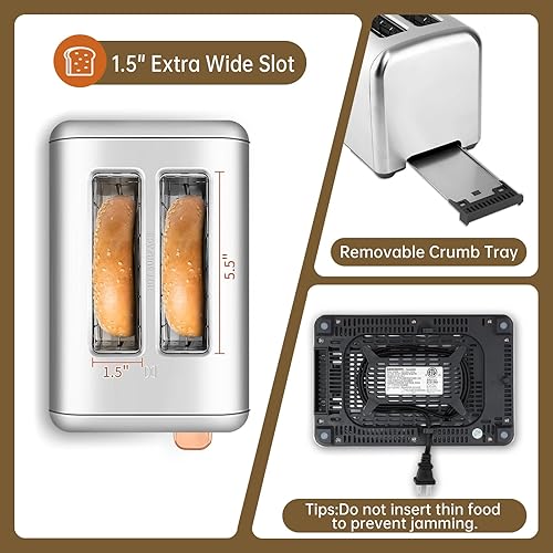 Miniatura 6 de SEEDEEM Tostadora de 2 rebanadas, pantalla táctil real con pantalla LCD, función de una sola rebanada, tostadora de acero inoxidable, calentamiento