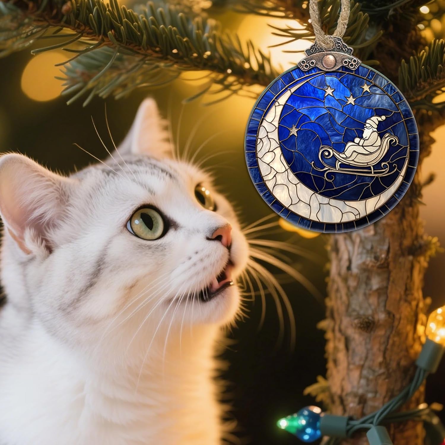 Stained Glass Christmas Decorations, Santa Claus On The Moon Star Suncatcher for Window Christmas Tree Hanging Ornaments Blue Sun Catcher Xmas Decor Gifts for Women Men Mom Nana Friend - Image 5