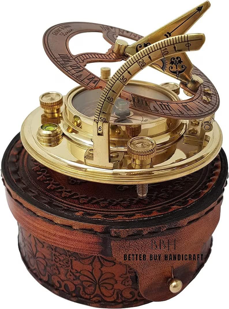Nautical Antique Brass & Copper Sundial Compass, Sundial Clock, Sun dial in Box Gift Sun Clock Ship Sailors Watch Sun Clock