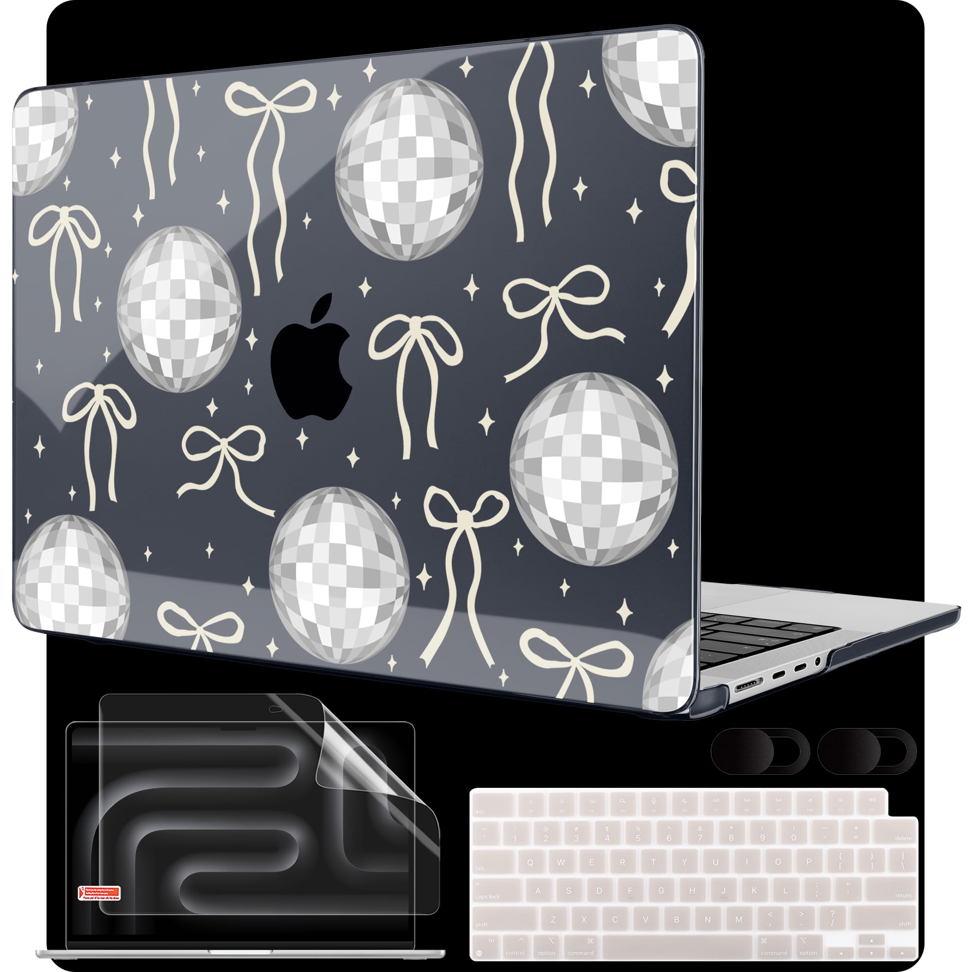 MEEgoodo Case for MacBook Pro 16 inch 2026 2024 2023 2021, Laptop Hard Shell Compatible with M5 M4 M3 M2 M1 Pro/Max Chip, Fit Model A3429/A3428/A3403/A3186/A2991/A2780/A2485, Silver Disco Balls &amp; Bows