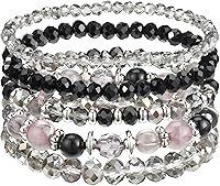 Tweruna 5PCS Boho Stackable Stretch Bracelets for Women - Black Gray Crystal Glass Beads, Versatile Layered Jewelry Gift