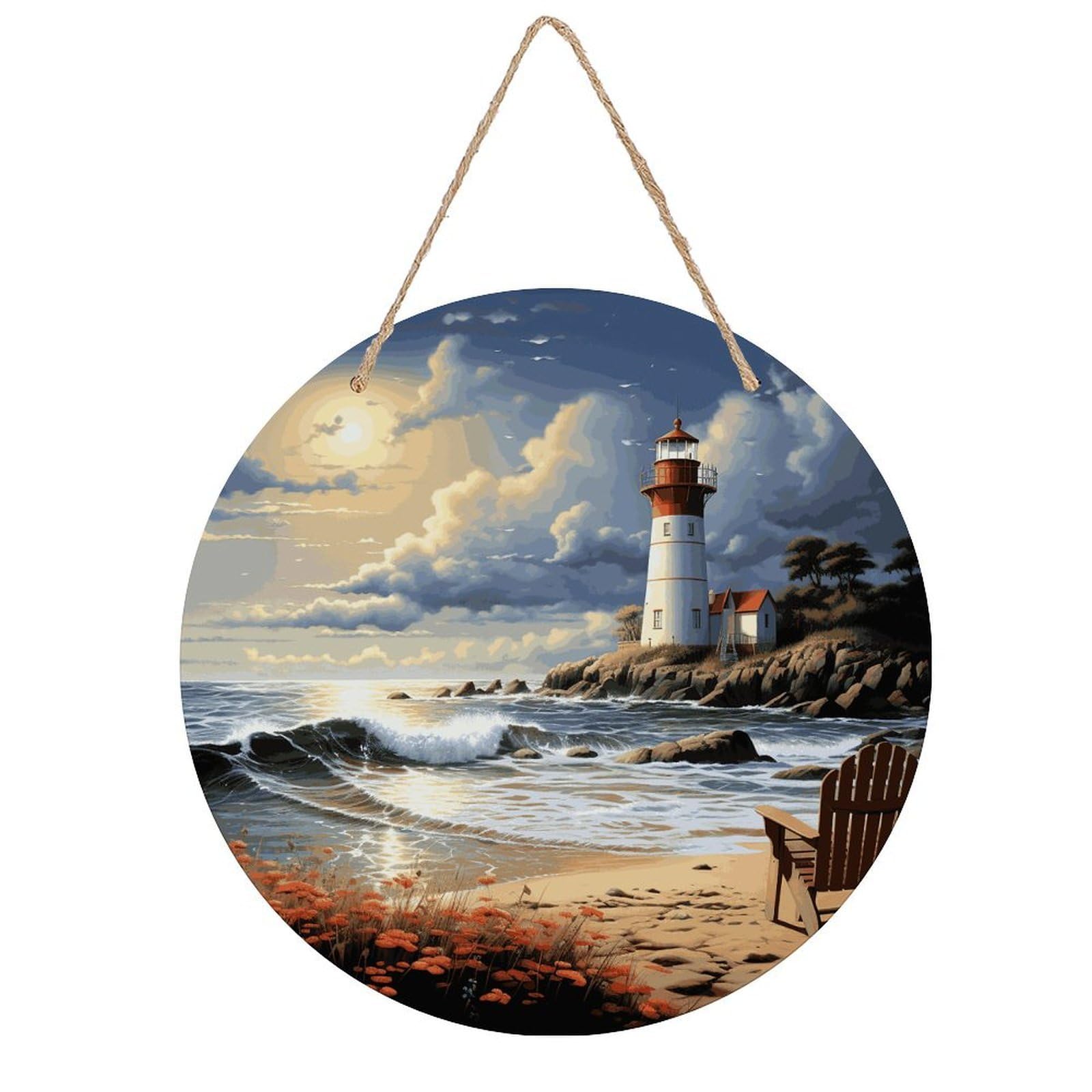 Adfgyerh Style Sea Lighthouse Sandbeach Room Decor，Round Wooden Board Painting，Wall Art，Easy To Hang，Wall Decor ，Suitable For Homes, Offices, Holidays, Bars, Cafes, And Other Venues.