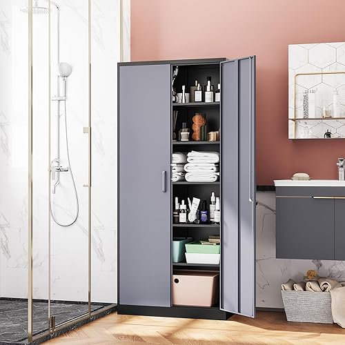 Miniatura 22 de Armario de almacenamiento de metal de 71 pulgadas con cerradura, resistente, gabinetes de herramientas de garaje con puertas y estantes, gabinete