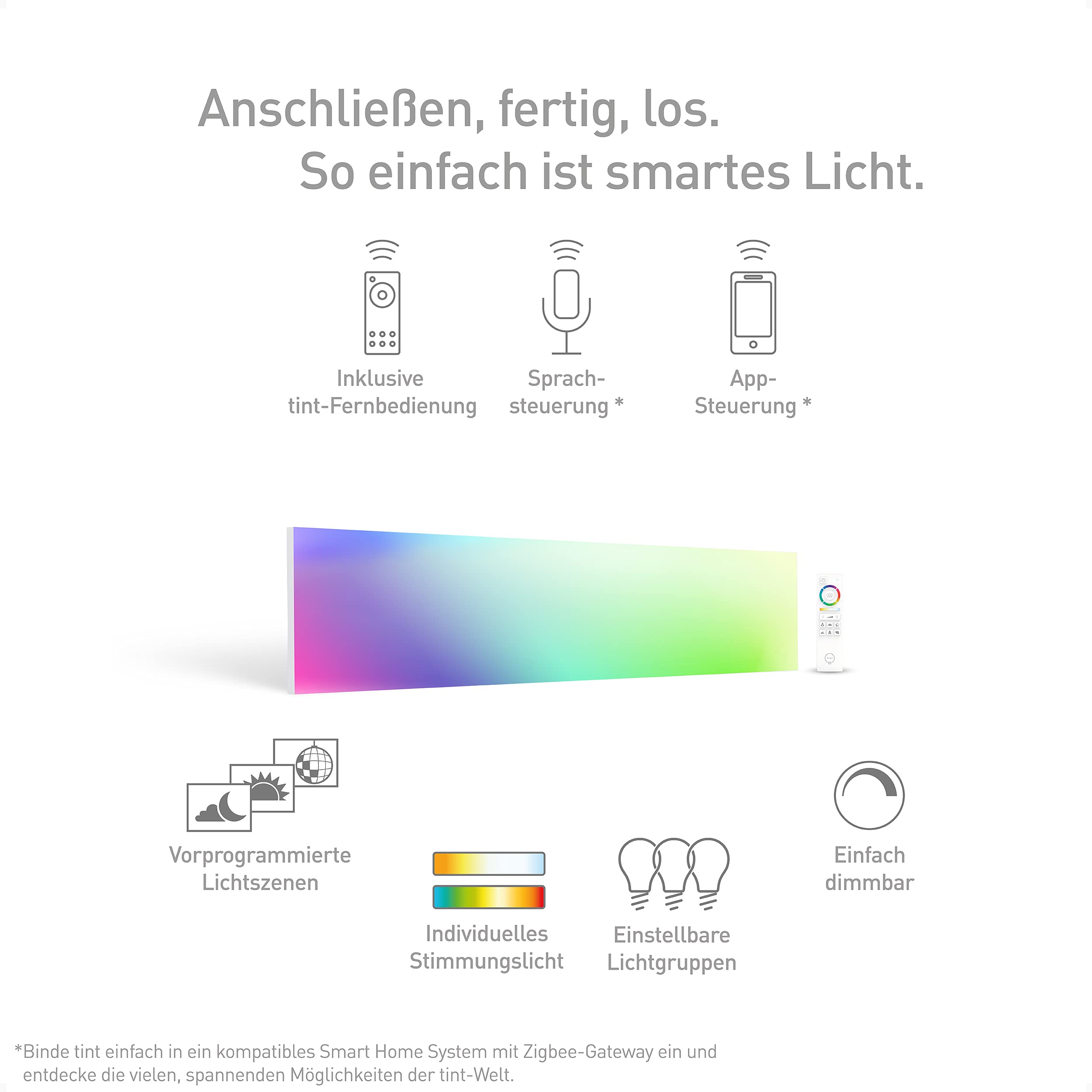 tint Smarte LED-Deckenlampe ARIS – Steuerbar per Alexa oder Fernbedienung – Mit weißem (1800-6500 K) und farbigem Licht RGB – Rechteckiges Panel 120 x 30 cm