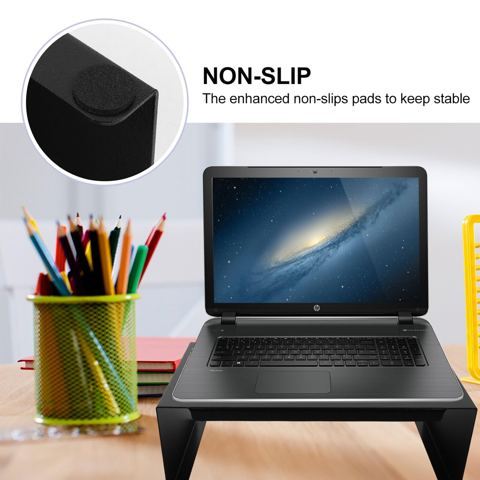 Didiseaon Supporto Monitor Scrivania in Nero Piccolo con Antiscivolo Organizer Cavi e Ripiano Salvaspazio per Laptop Stampante Ergonomico per Ufficio e Casa
