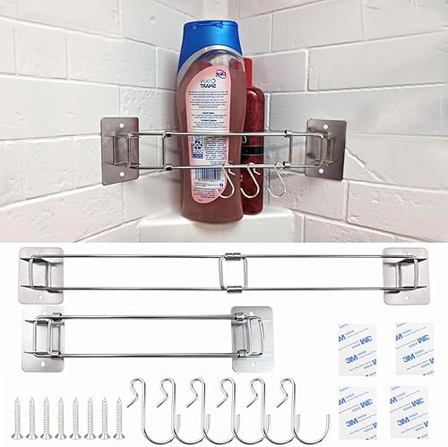 1 juego de barra de almacenamiento de esquina para ducha de RV con 1 colgador de maquinilla de afeitar, 3 ganchos en S, barra de acero inoxidable