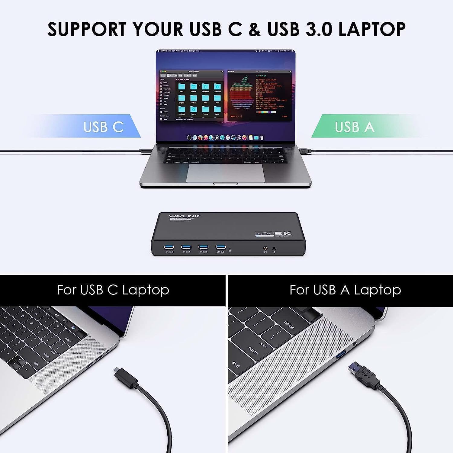 WAVLINK Displaylink - Docking station USB C per M1/M2 MacBook/Windows, Docking station per laptop Supoort singolo 5K/Dual 4K a 60Hz, 100W PD, 2x HDMI, 2x DP, Gigabit Ethernet, USB C, 6 USB 3.0, audio