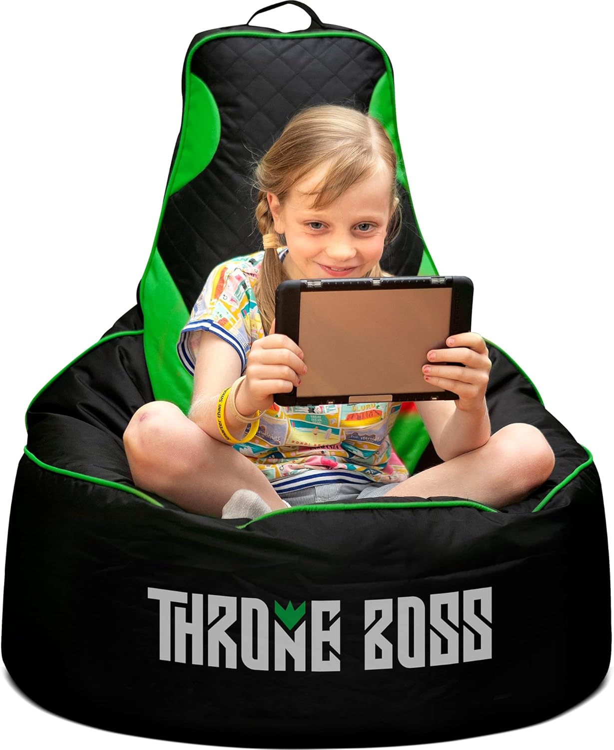 Gaming Bean Bag Chair Kids Cover ONLY No Filling with High Back - for Gaming Room - Low Gaming Chair on The Floor - Teens and Kids Bean Bag Chairs - Gamer Beanbag Chair (Black/Green)