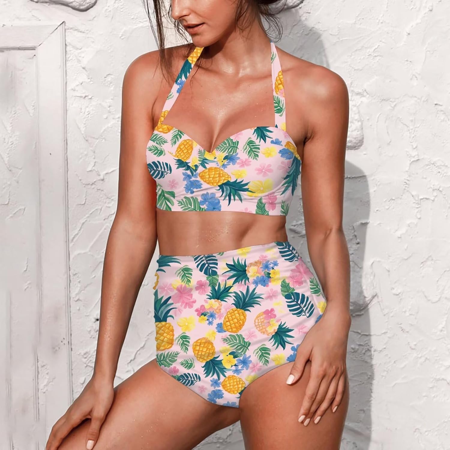Coloranimal Women Two Piece Swimsuit Set Novelty V-Neck Sexy Backless Top Mid Rise Bottom Bathing Suit Bikini Set S-2XL