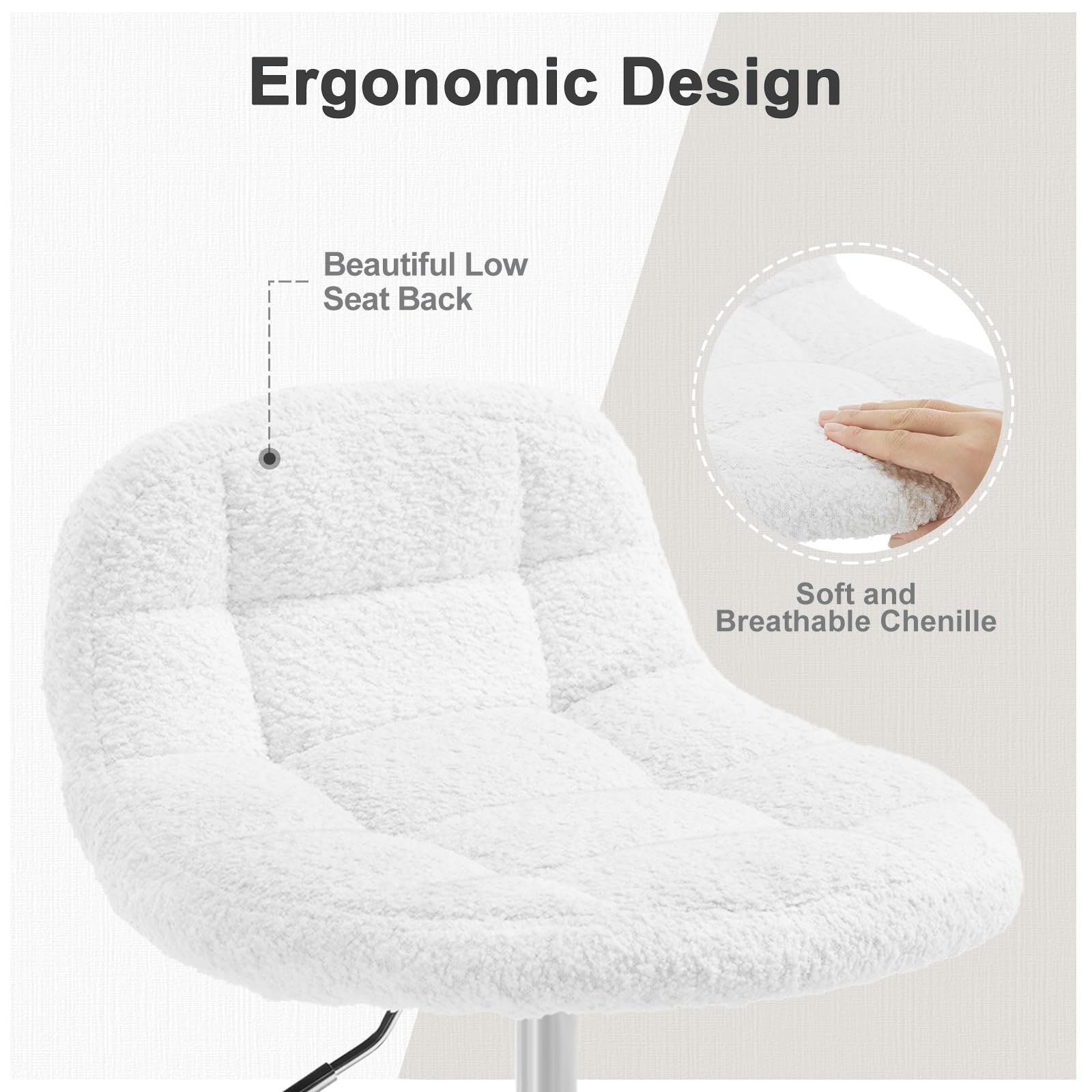 WOLTU Tabouret de Bureau Pivotant à roulettes, Tabouret avec Dossier Réglable en Hauteur Entre 43,5 et 55cm, en Chenille, Blanc, BS174ws