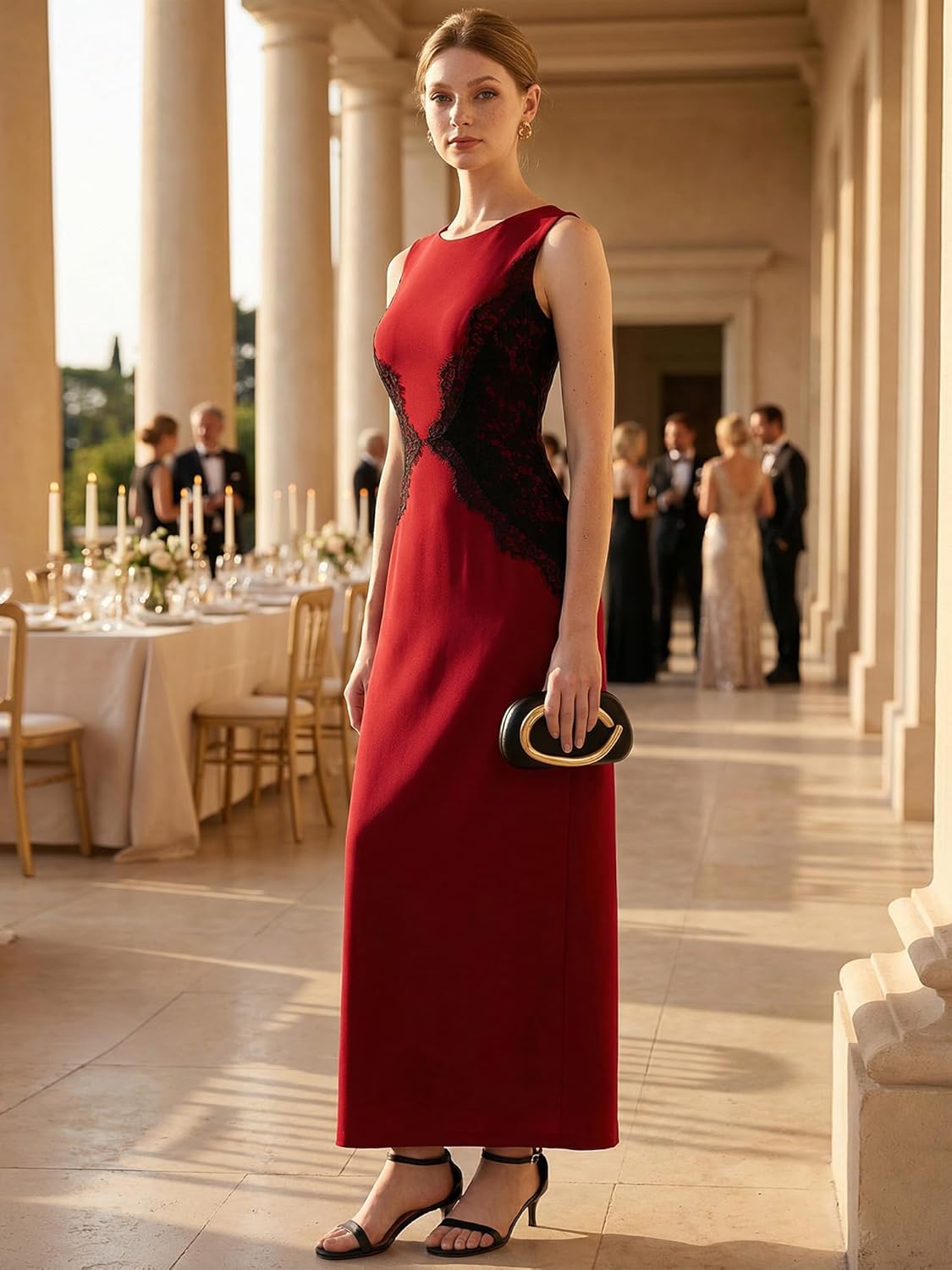 Ever-Pretty Women's Semi Formal Wedding Guest Dress Sleeveless Maxi Colorblock Lace Applique Cocktail Dresses