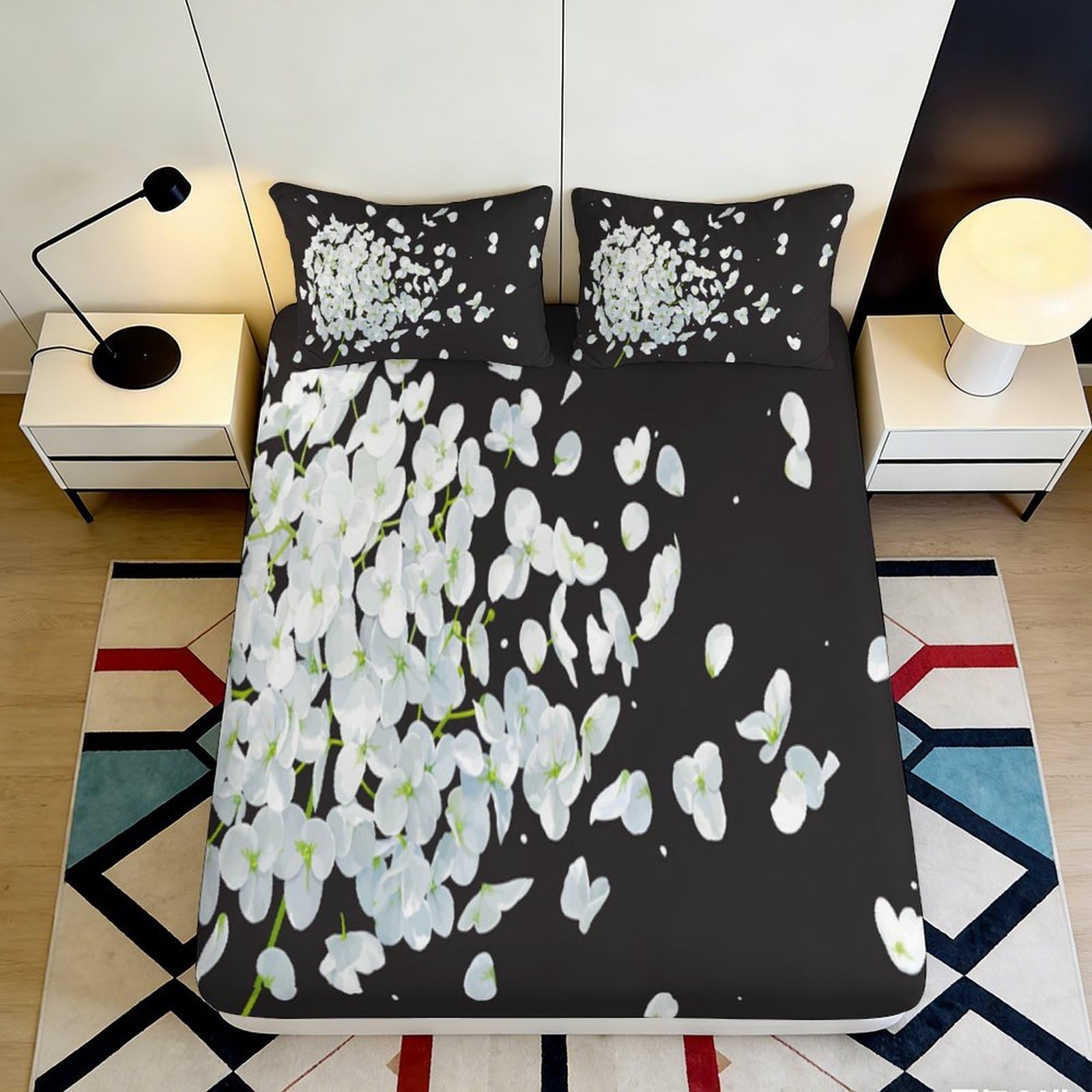 3D Printed White Hydrangea Fitted Sheet Microfiber Soft Breathable Floral Petals Bed Cover for Bedroom Dormitory Guest Room Mattress Protection 160x200x25cm