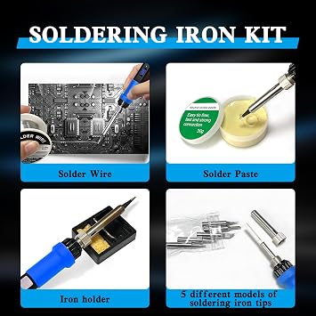 908D Blue 80W Adjustable Temperature Soldering Iron Kit, Heat Resistant Anti-Slip Handle, Includes 5 Soldering Tips, Solder Wire, Stand, Flux, Solder Pen/Hot Pen for DIY & Repair
