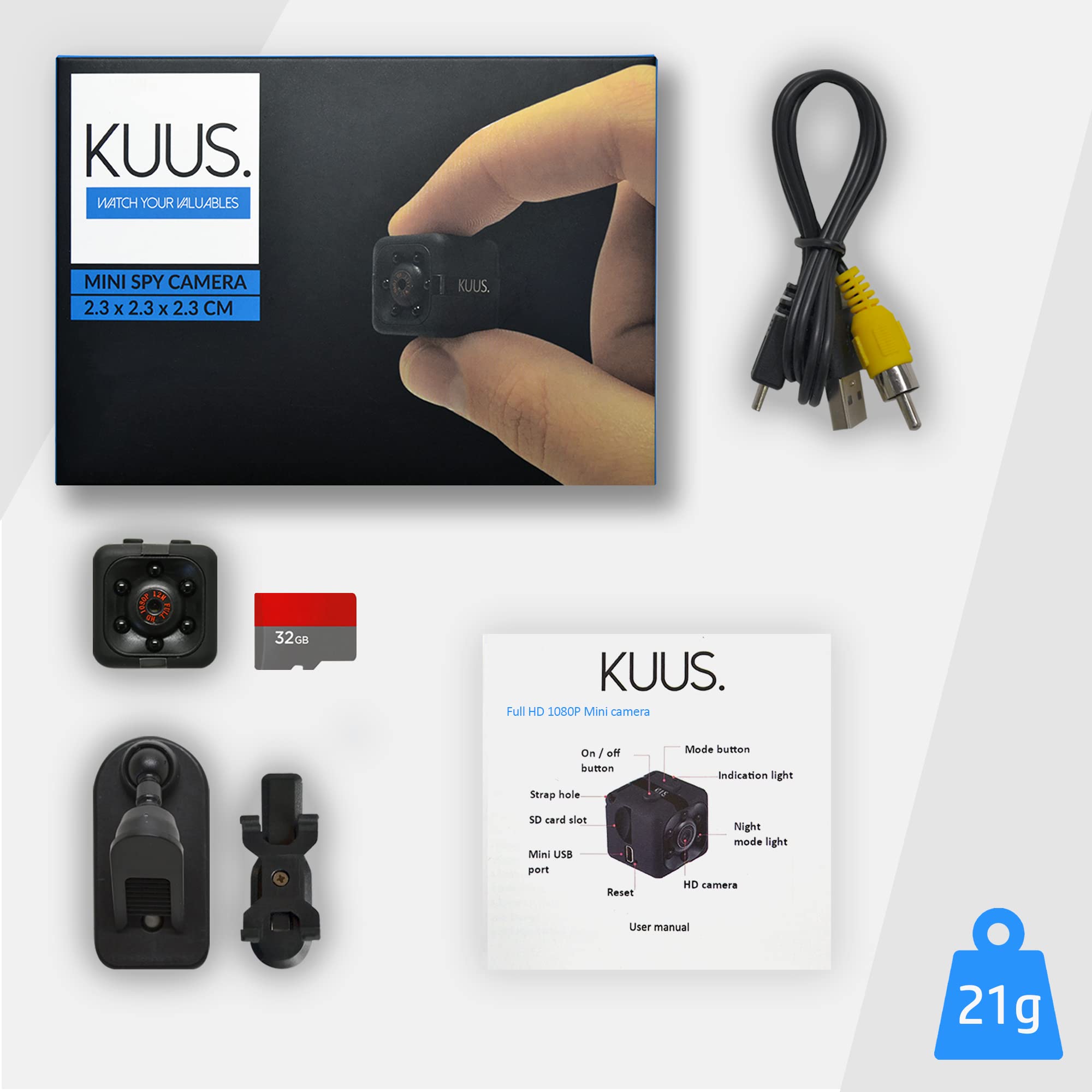 KUUS. C1 Mini Telecamera Spia Nascosta Più Piccola Europa 2,3cm Senza WiFi Full HD 1080P, Visione Notturna, Rilevamento Movimento, SD 32 GB Class 10 U3 Inclusa