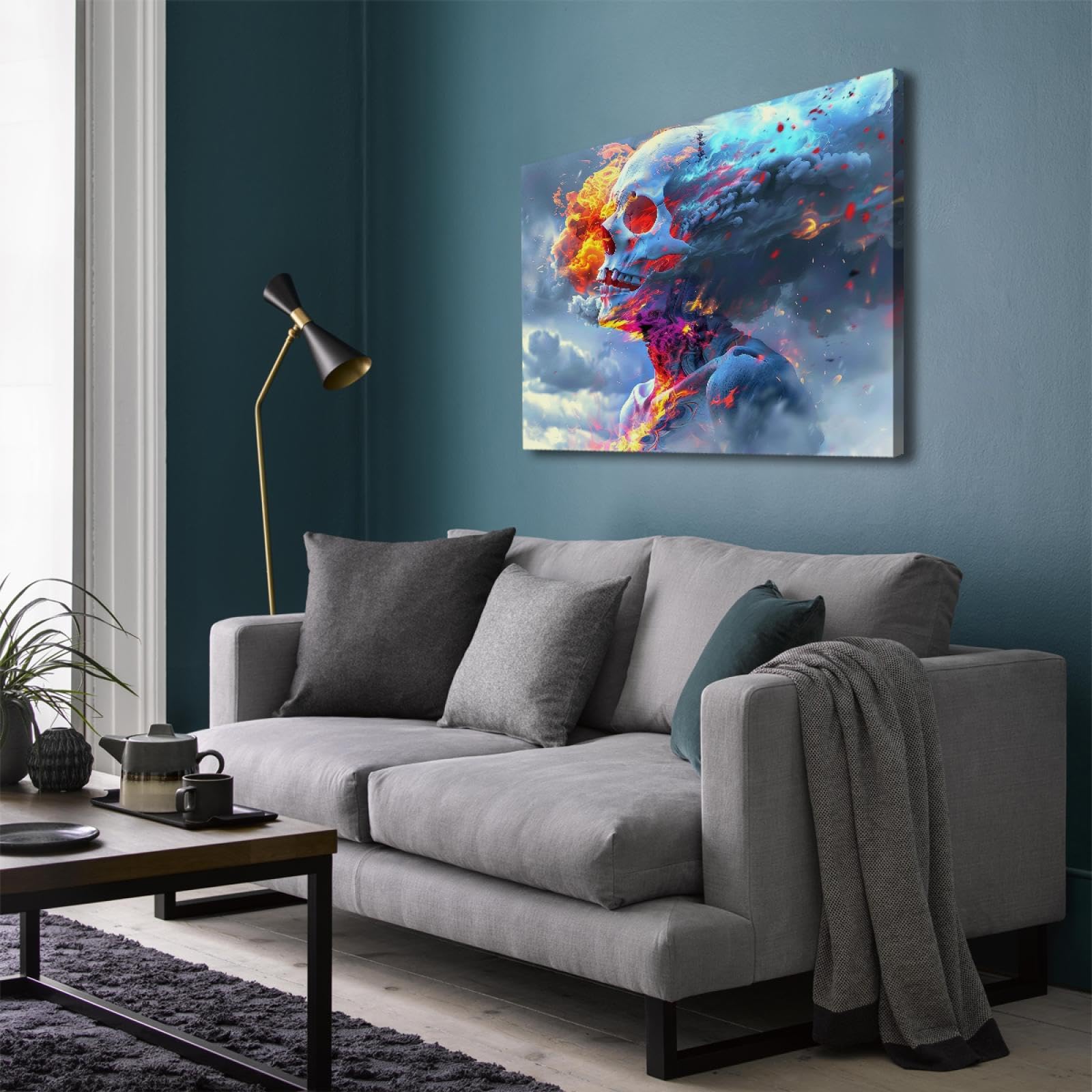 Via Vela Sombre Halloween Art Impression sur toile Abstrait Jaune et Orange Crâne Brûlant Affiche Peinture Art Mural Pour Salon Chambre Décoration Intérieure 75x100cm Cadre intérieur
