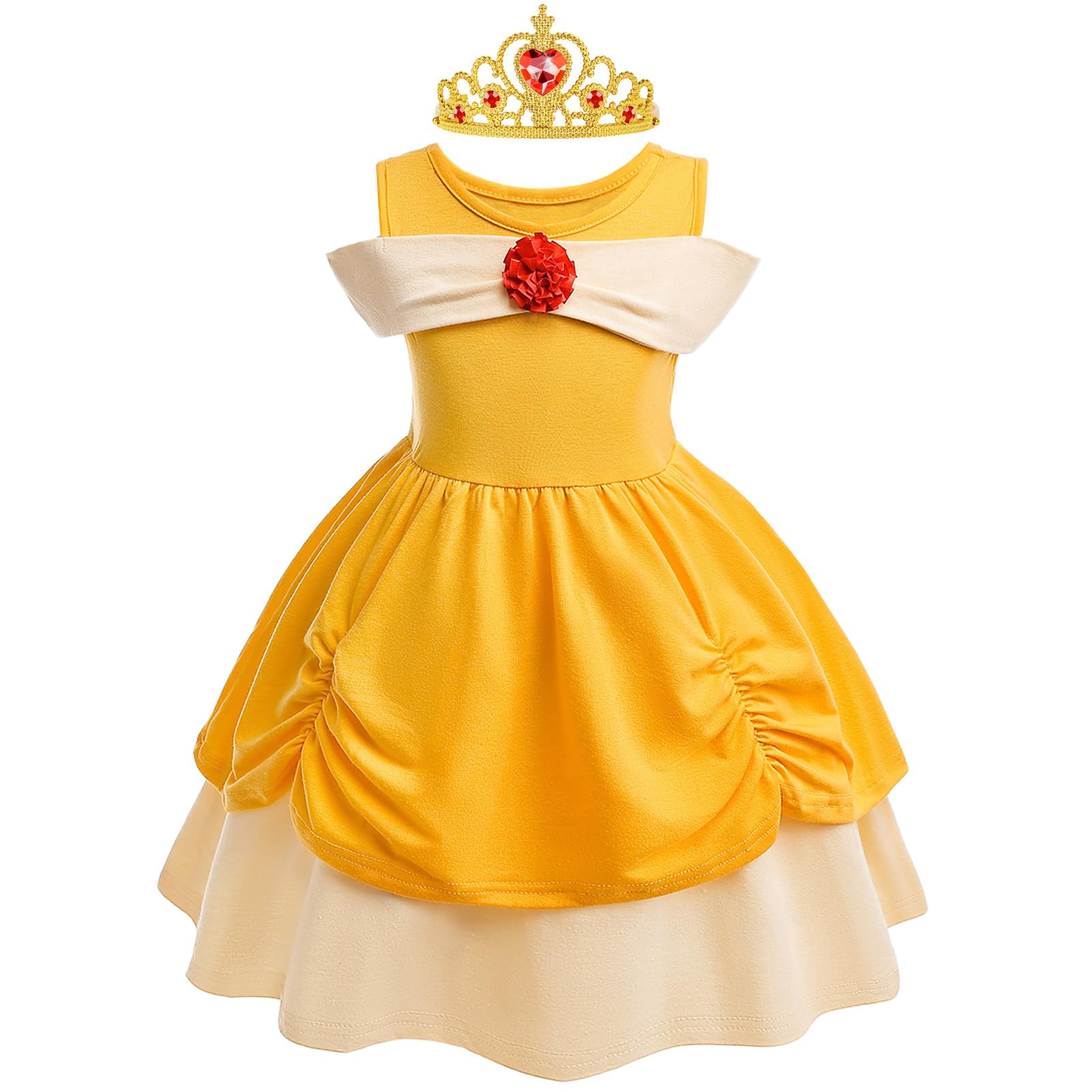 BSBUY Belle Princess Costumes for Girls Princess Aurora Belle Dress, Kids Elsa Belle Costume Belle Dressing Up Outfit, Yellow Fancy Dress Up for Birthday Party Halloween Christmas Cosplay(110)
