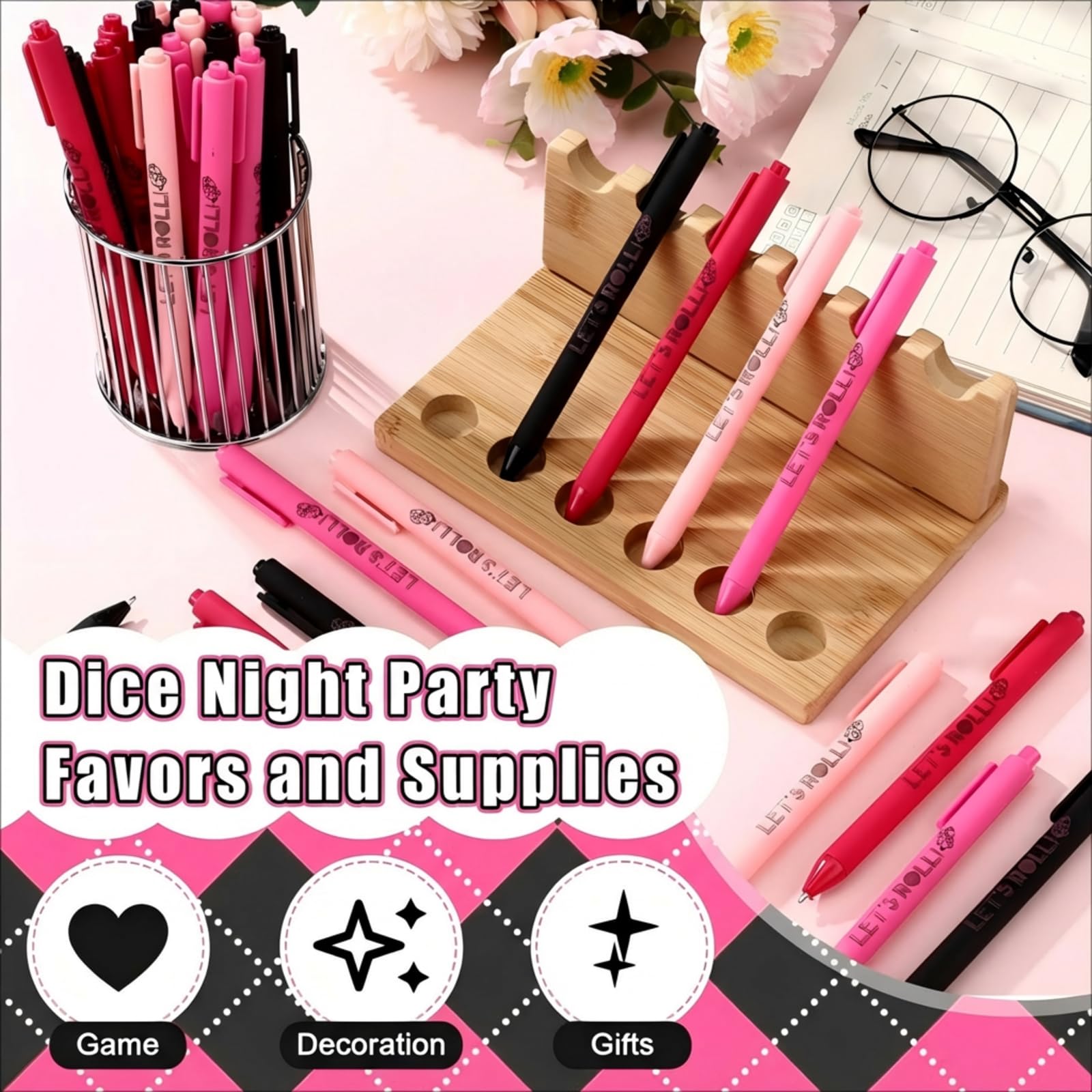 Sayglossy 25 Pcs Let's Roll Ballpoint Pens Gifts Bulk for Guests Women Dice Players Casino Themed Wedding Party Supplies Las Vegas Night Party Favors