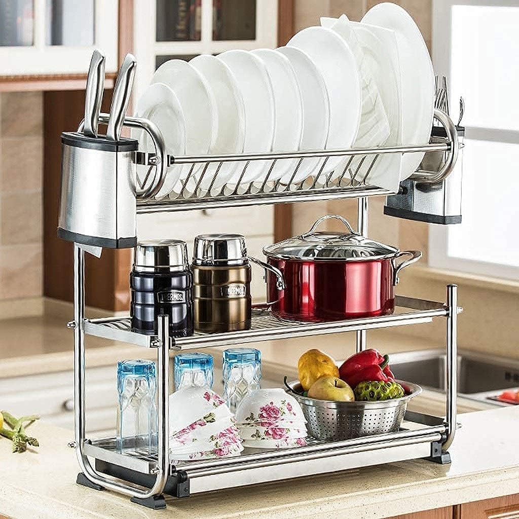 Kitchenware 304 ステンレススチール ディッシュラック 3層 壁取り付け キッチンシェルフ 床置き収納 排水ラック 穴