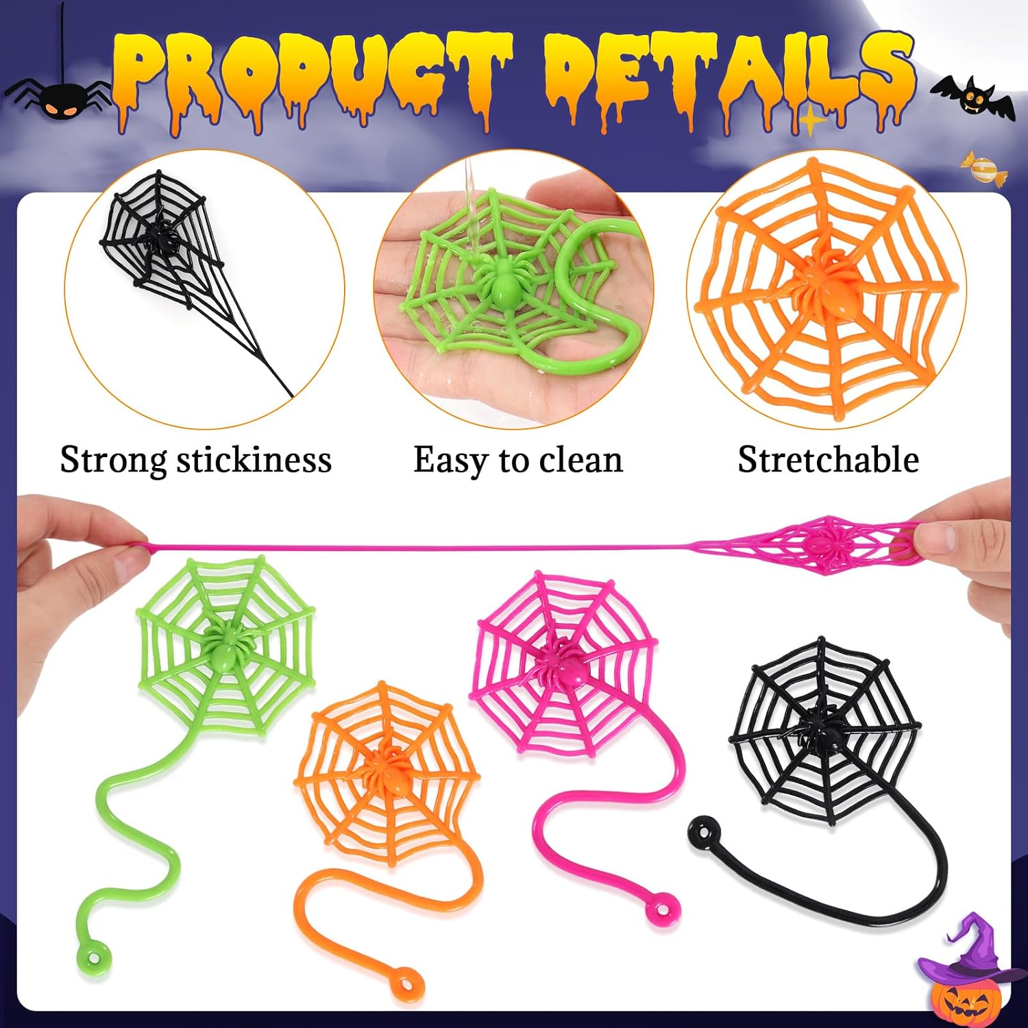 24 PCS Sticky Spider Web for Kids, 7.6 Inches Cobweb Sticky Hand Toys, Halloween Spider Party Favors for Goodie Bag Stuffers, Birthday, Classroom Prizes Supplies (4 Colors) image 3