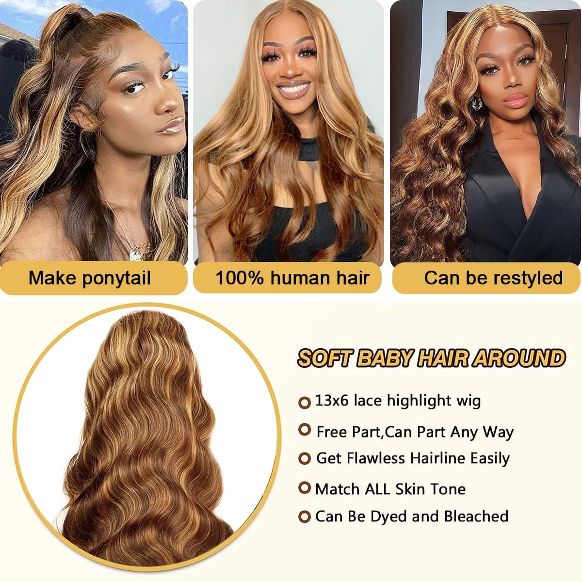 200% 13X6 Density Ombre Highlighted 4/27 HD Lace front Wig Human Hair Brown Highlight Tansparent Honey Blond Lace frontal Highlights Wigs Pre Plucked with Baby Hair Glueless Wigs for Women