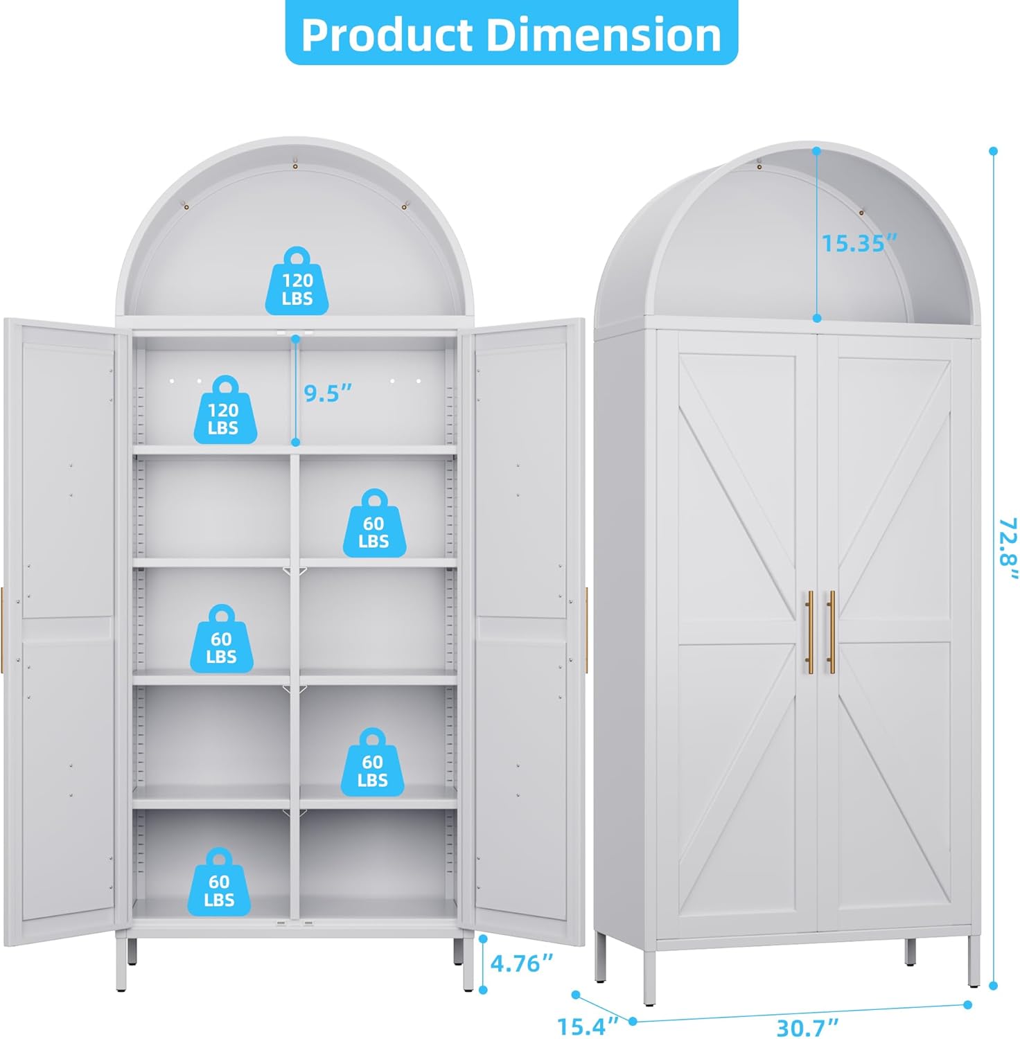 Metal Arched Storage Cabinet with Doors, Arched Kitchen Pantry with Adjustable Shelves for Kitchen, Pantry, Dining Room, Assembly Required,White,72.8" H×30.7" W×15.4" D
