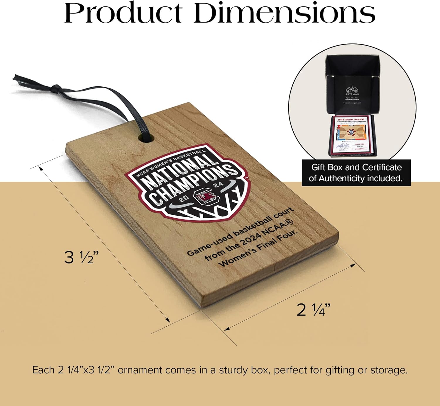 South Carolina Gamecocks 2024 Women's NCAA® National Championship Collectible Ornament, Game-Used Wood, COA and Gift Box Included, 2 1/4" x 3 1/2"