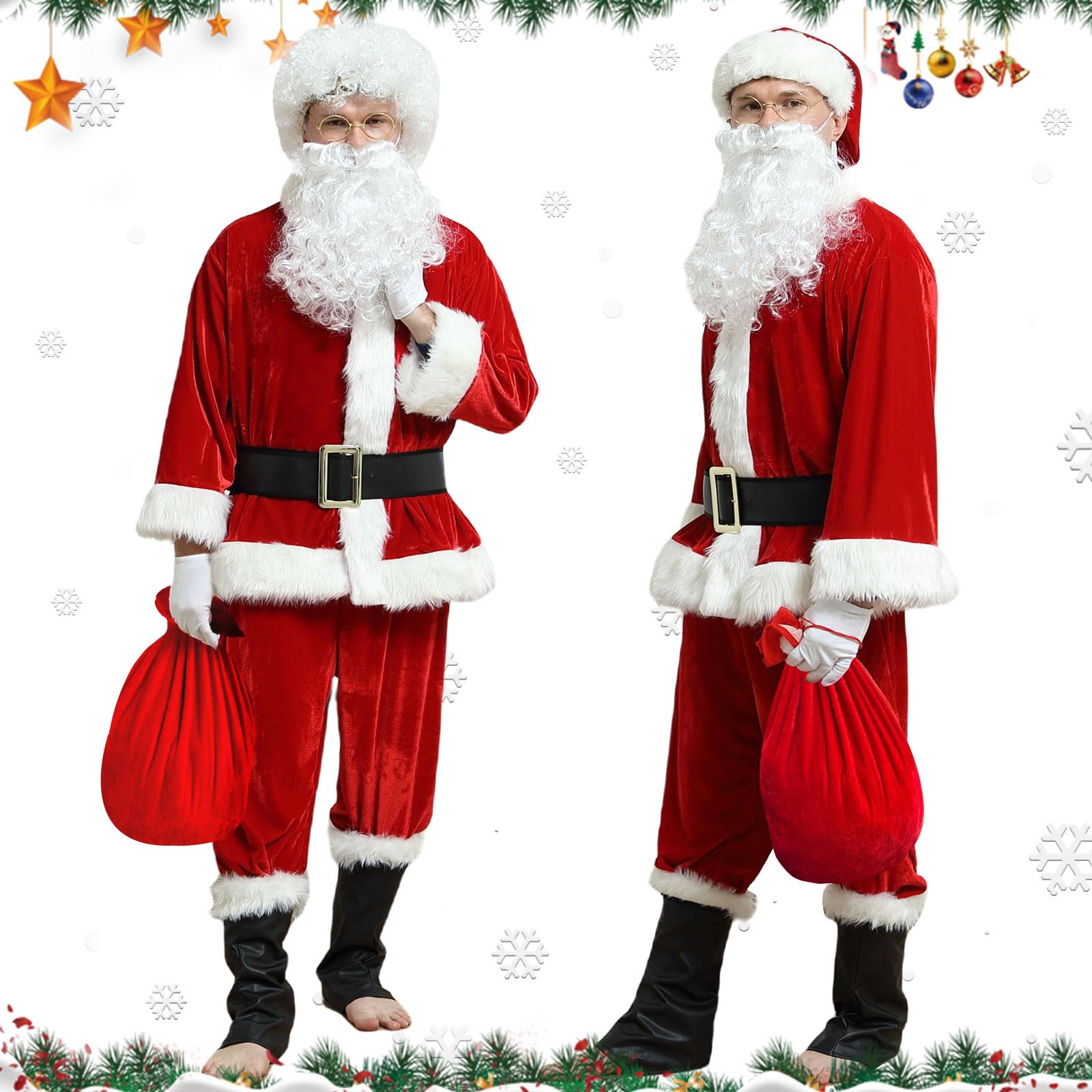 Kouric Weihnachtsmann Kostüm Herren,10-teiliges Lustig Weihnachtskostüm Damen,Weihnachtsmann Bart und Perücke, Deluxe Santa Claus Costume Nikolauskostüm Brille/Sack, Weihnachtsmann Anzug Erwachsene