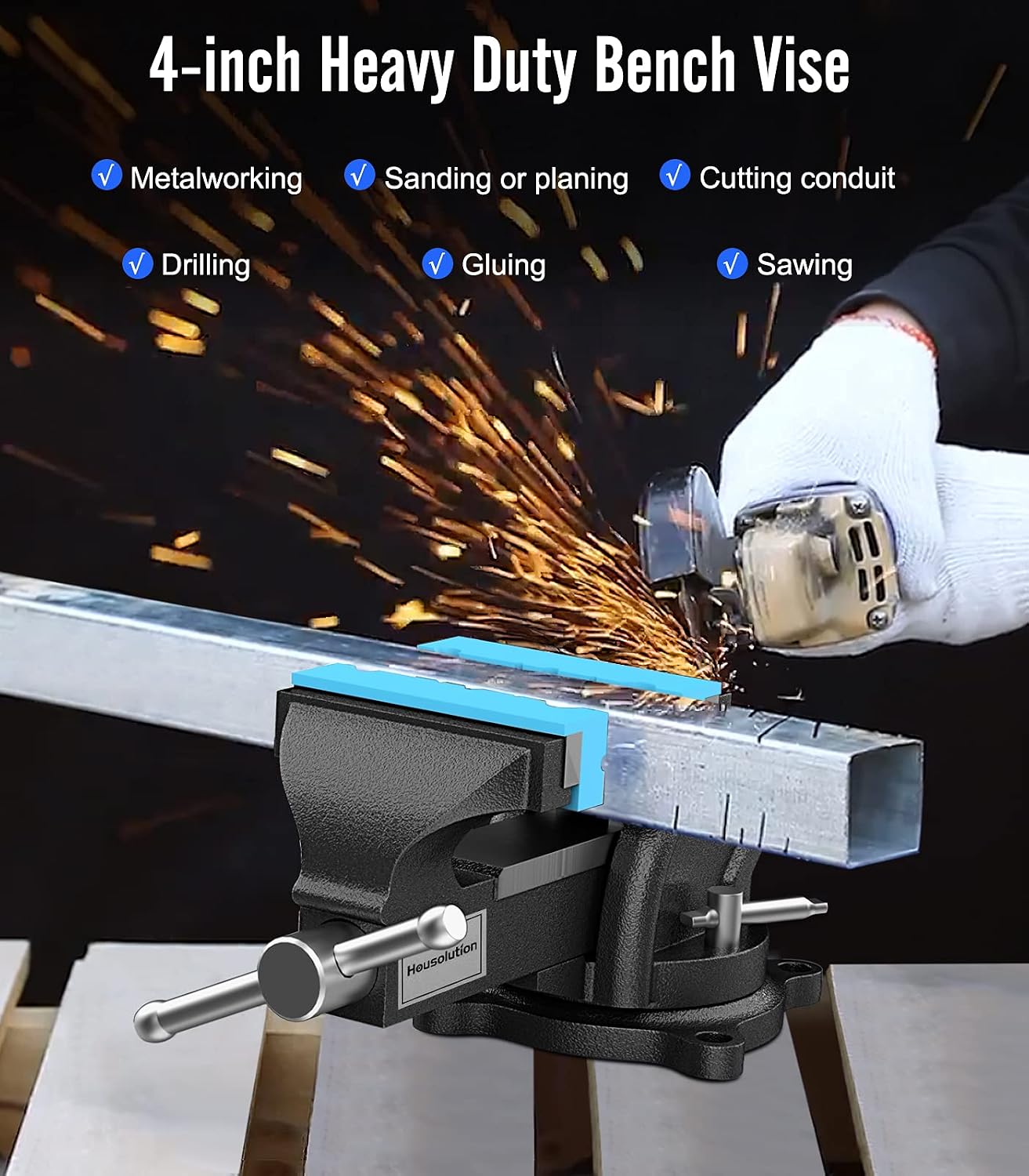 Housolution Bench Vise 4 Inch, 360°Swivel Base Bench Clamp with 100mm Vise Jaw, Home Vise Clamp-On Vise Repair Tool Work Bench Vice for Cutting Conduit, Drilling, Metalworking - Black & Blue