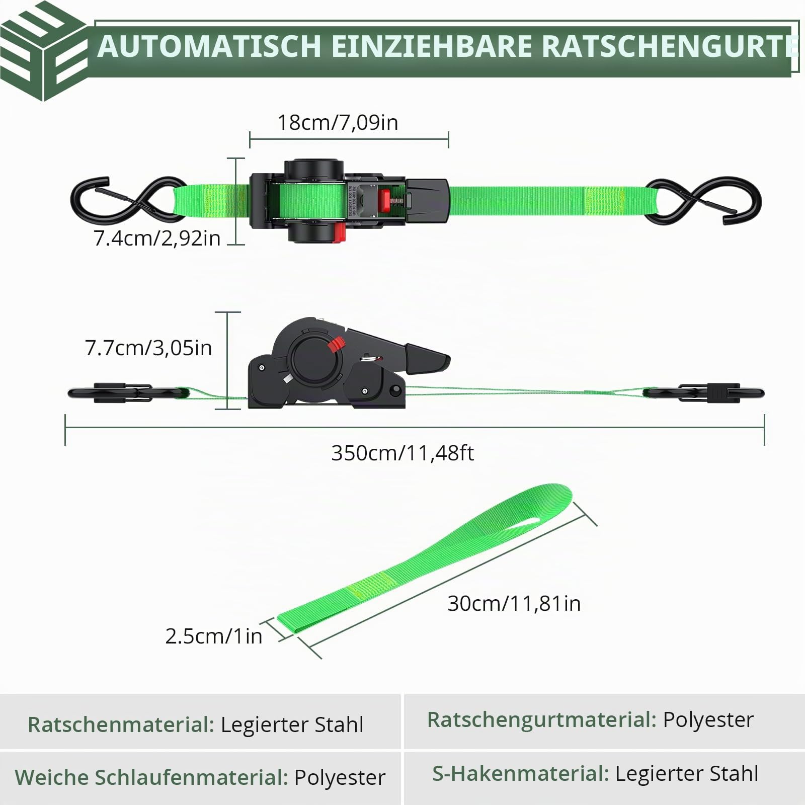 EYPINS 4X Automatik Spanngurt 3,5m 25mm mit S Haken 320kg/640kg, Verstellbare Ratschengurte, Selbstaufrollend Spanngurt mit Ratsche Spanngurtwickler mit 4x Zurrschlaufen 30cm für Pkw Anhänger Motorrad