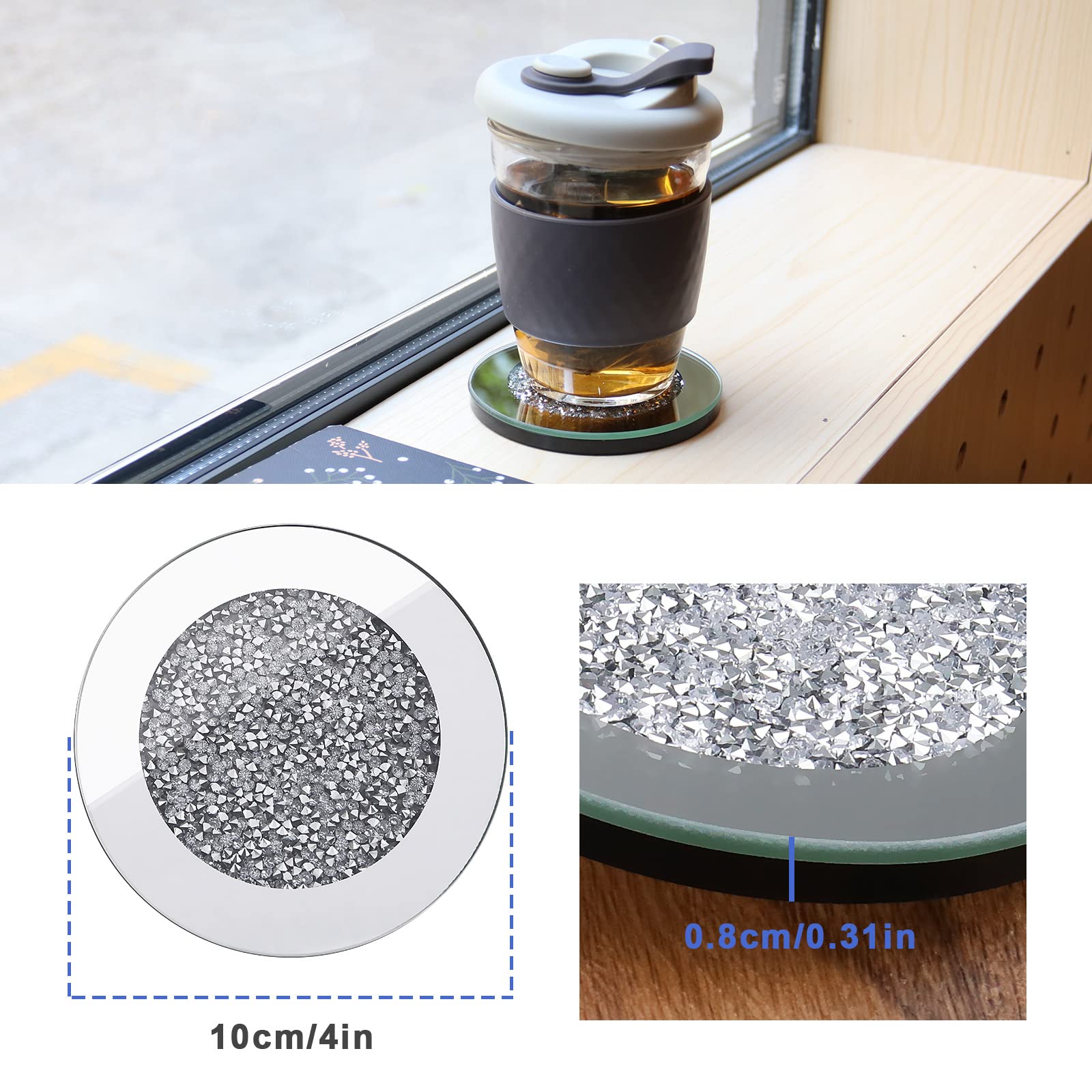 Posavasos Vidrio con Espejo Redondos 4 Pulgadas Antideslizante para Tazas Café Decoración Hogar
