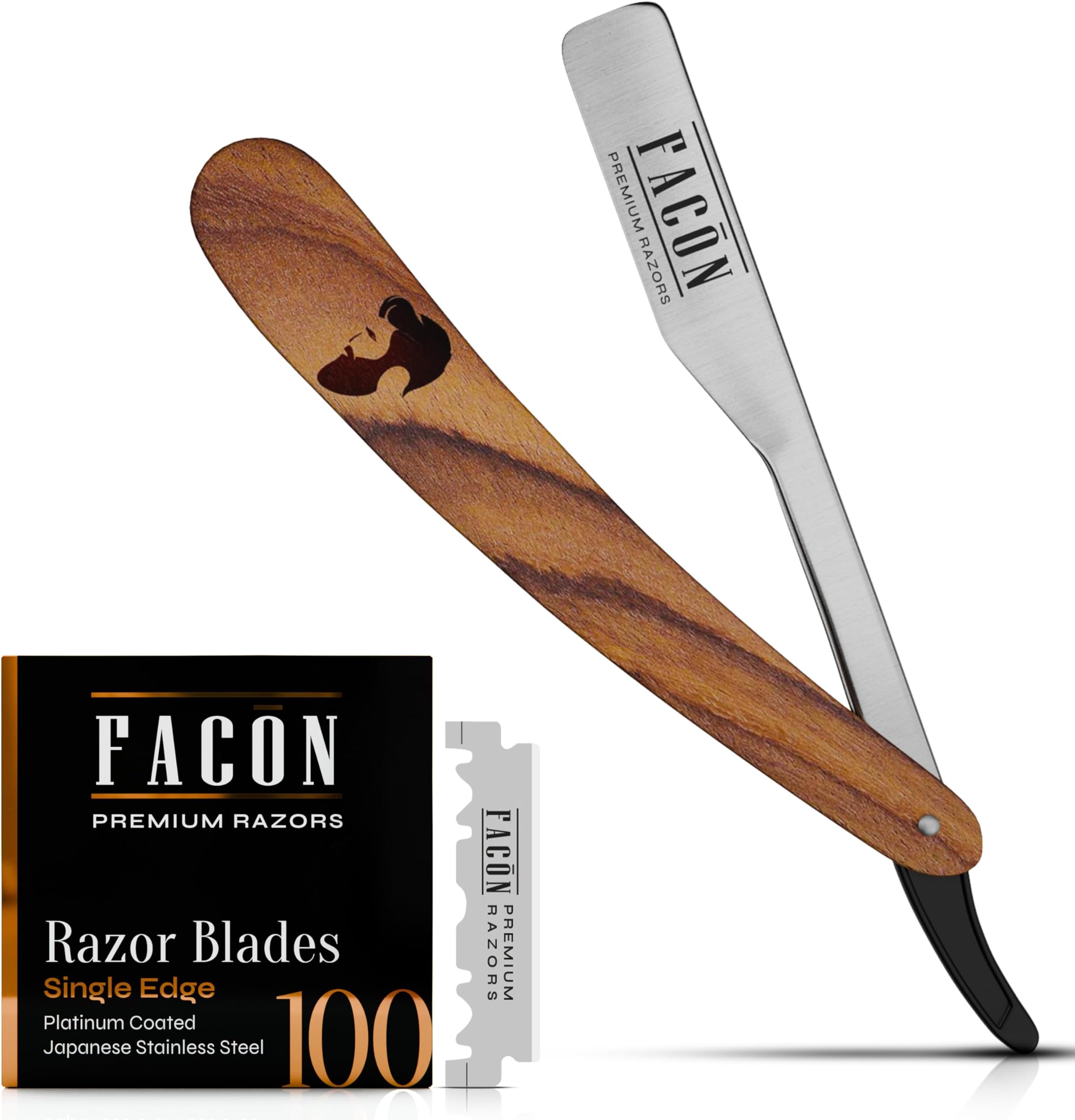 FACON Professional Wooden Straight Edge Barber Razor/Rasoirs/Rasoi - Salon Quality Cut Throat Shavette - Japanese Stainless Steel - Limited Edition - Includes 5 DE Razor Blades Leather Gift Case