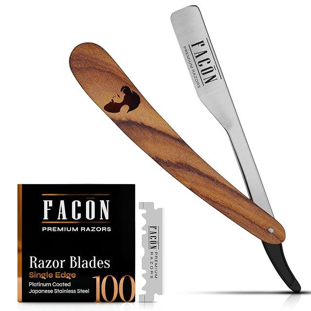 Fac n Straight Razors for Men - Professional Barber Straight Edge Razor Kit with 100 Blades Wooden Stainless