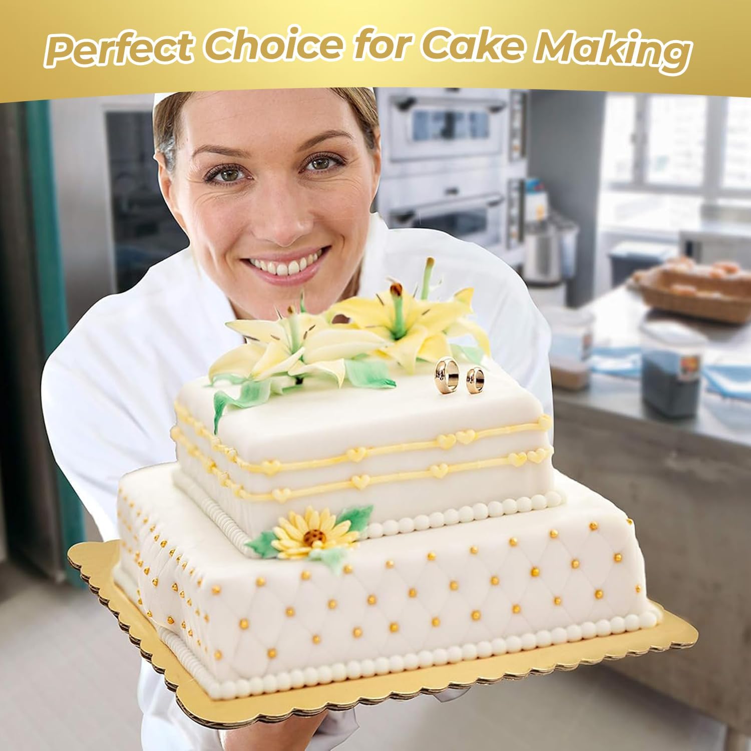 Round Thick Gold, 14x10 Cake Boards, Sturdy Cardboard Cake Base for Women’s Day, Spring & Easter Baking, Food-Grade White Round Cake Bottom Boards