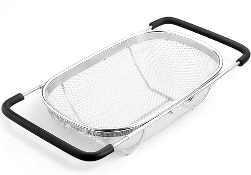 Miniatura 8 de Colador de malla fina para cocina, cuenco colador de acero inoxidable para pasta, arroz, fruta, cestas de red de metal con base de descanso,