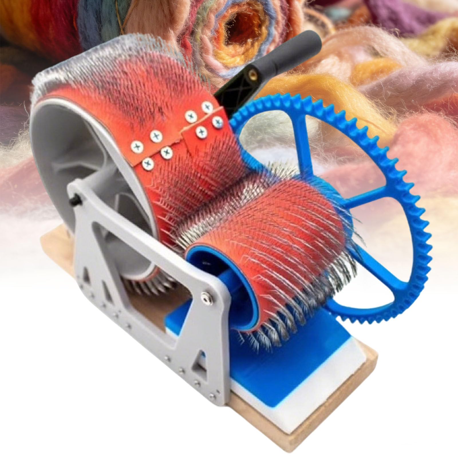 Ymnogjie Wool Drum Carder Fiber Carding Machine,with Brush and Awl,Wool Blending Wheel for Combing Blending,Making Felt Projects WoodenBase-WhiteBlue